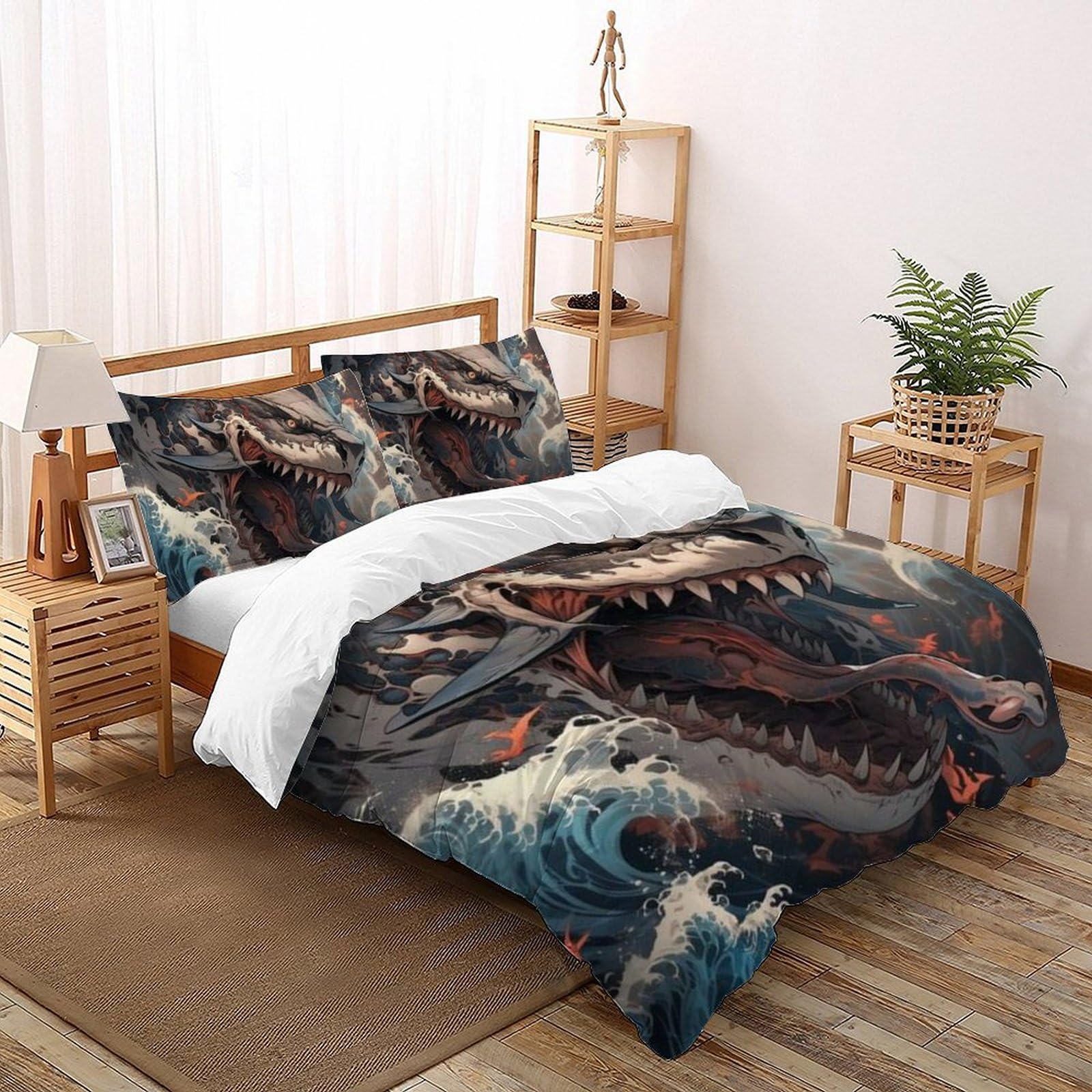 Housse de couette requin anti-plis en microfibre douce parure lit 260x220cm sans repassage