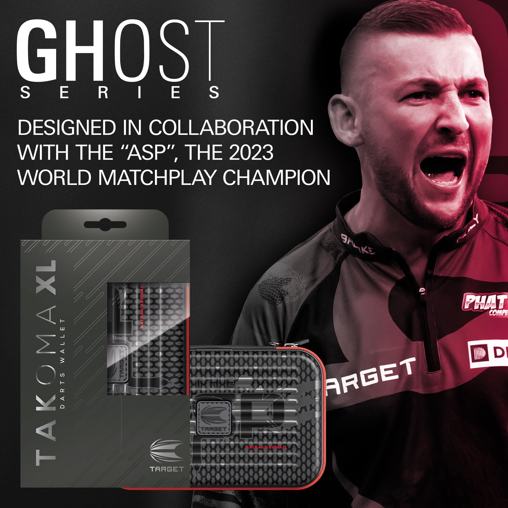 Target Darts Nathan Aspinall Ghost Series XL Takoma Wallet – “The Asp” profesjonalne etui na 6 zmontowanych rzutek, zamek błyskawiczny, trwałe czarno-białe akcesoria do przechowywania.