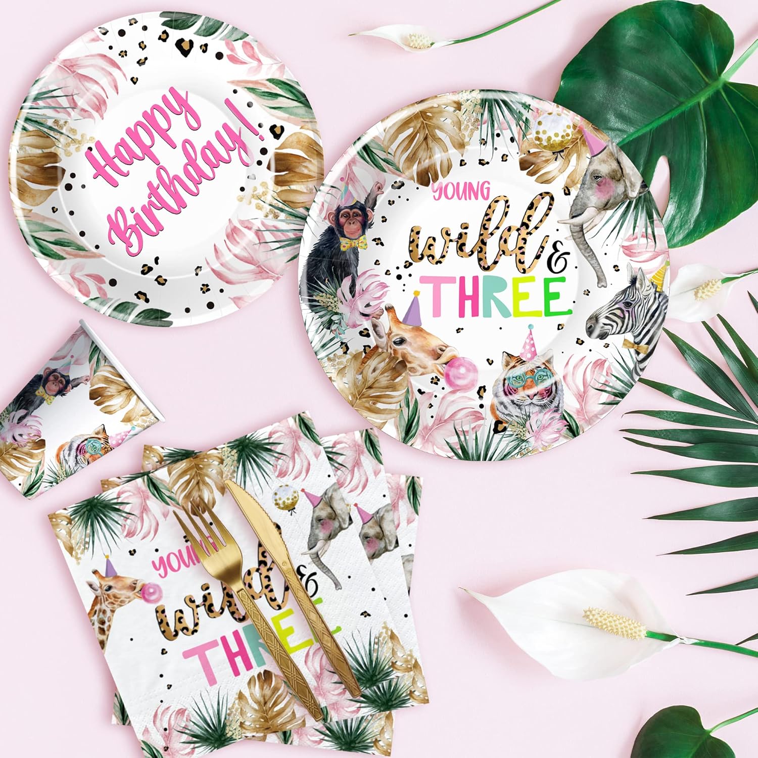 APOWBLS Young Wild And Three Decorations Girl Dinnerware, Safari 3rd Birthday Party Supplies, Plate, Cup, Napkin, Tablecloth, Cutlery, Straw, Animal Jungle 3 Year Old Birthday Decorations | Serves 24