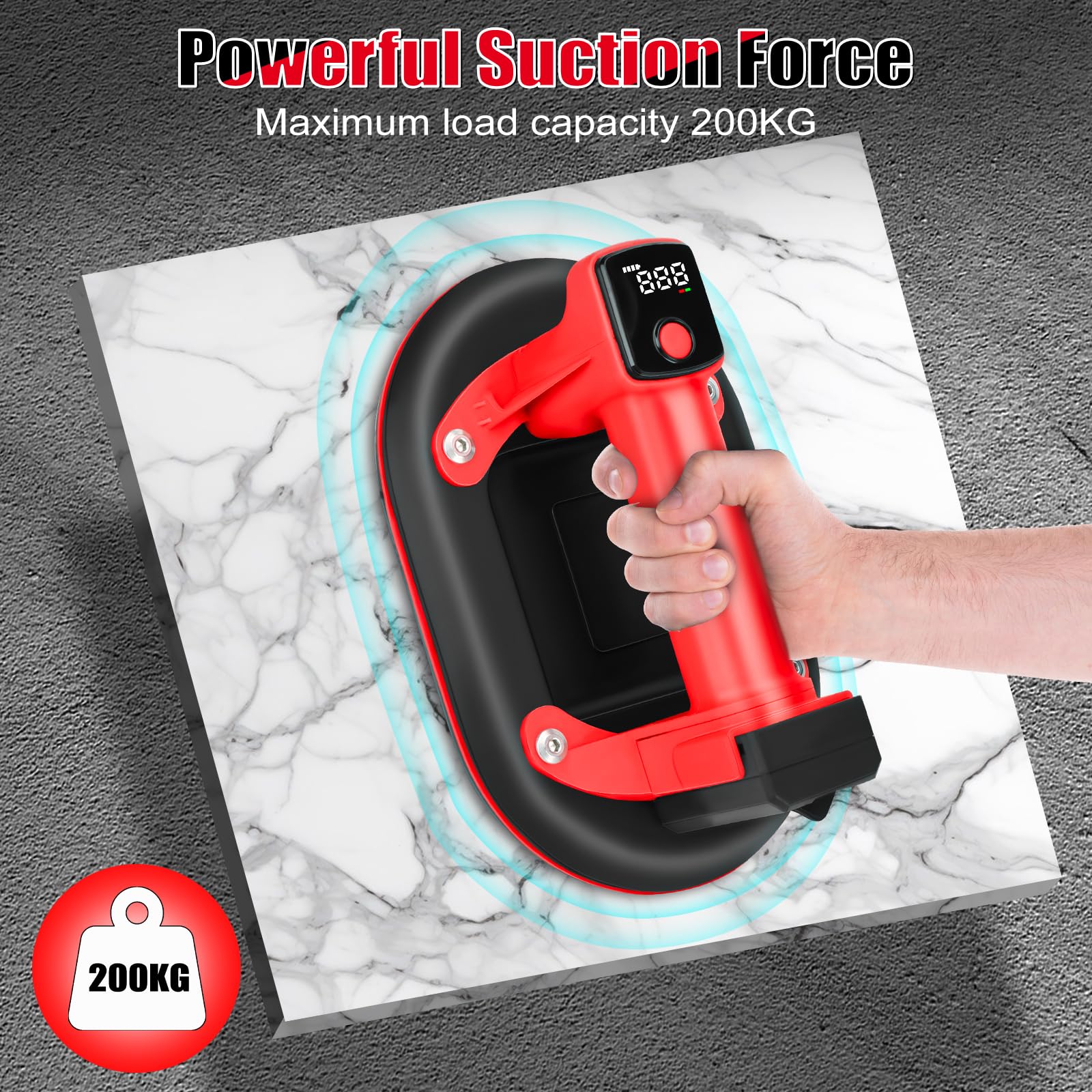 Sollevatore a batteria per piastrelle, ventosa a vuoto elettrico con display digitale, funzione di accensione/spegnimento automatico con 2 batterie, aspiratore in vetro per granito, vetro, piastrelle