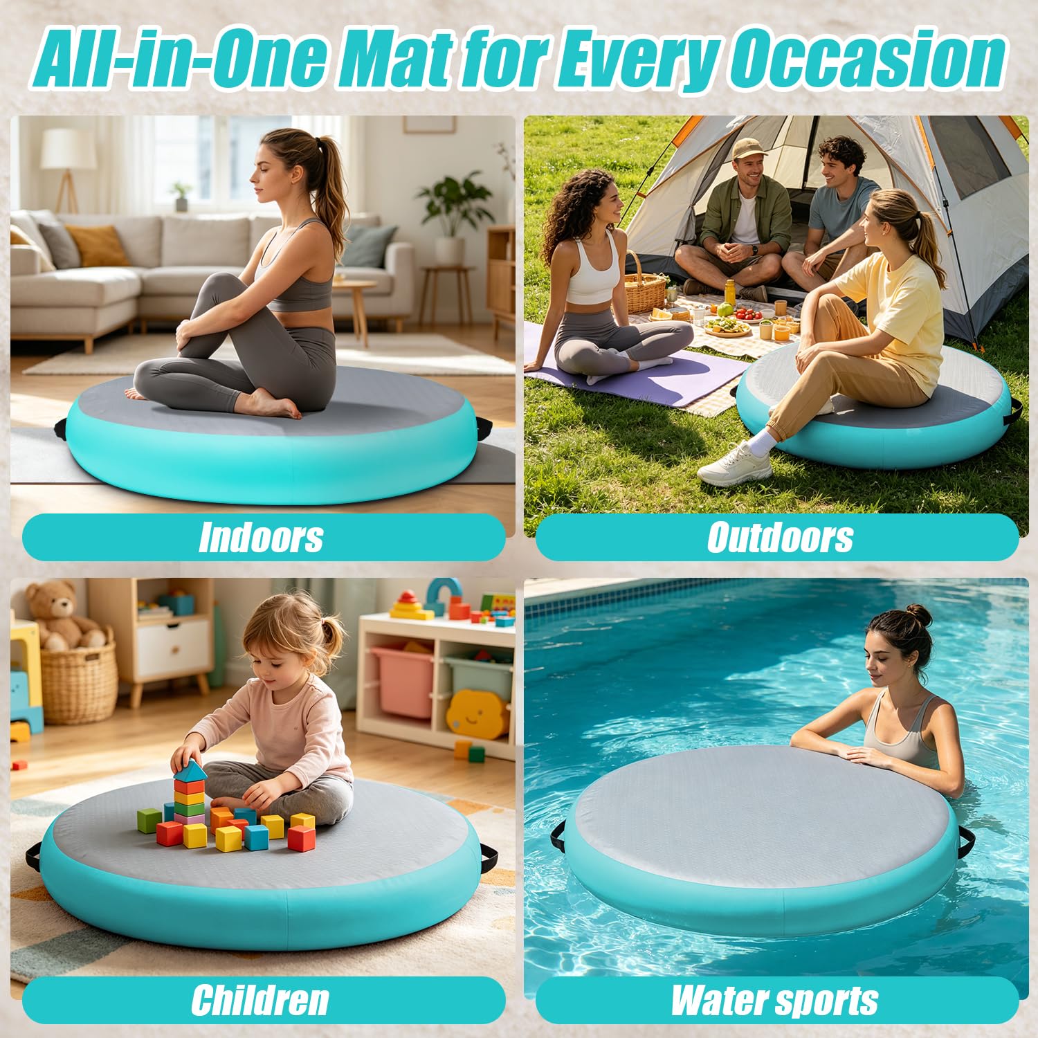 Tappetino gonfiabile rotondo da 1 m, spessore 20 cm, per ginnastica, ginnastica, uso domestico, allenamento, cheerleading, yoga, divertimento in acqua