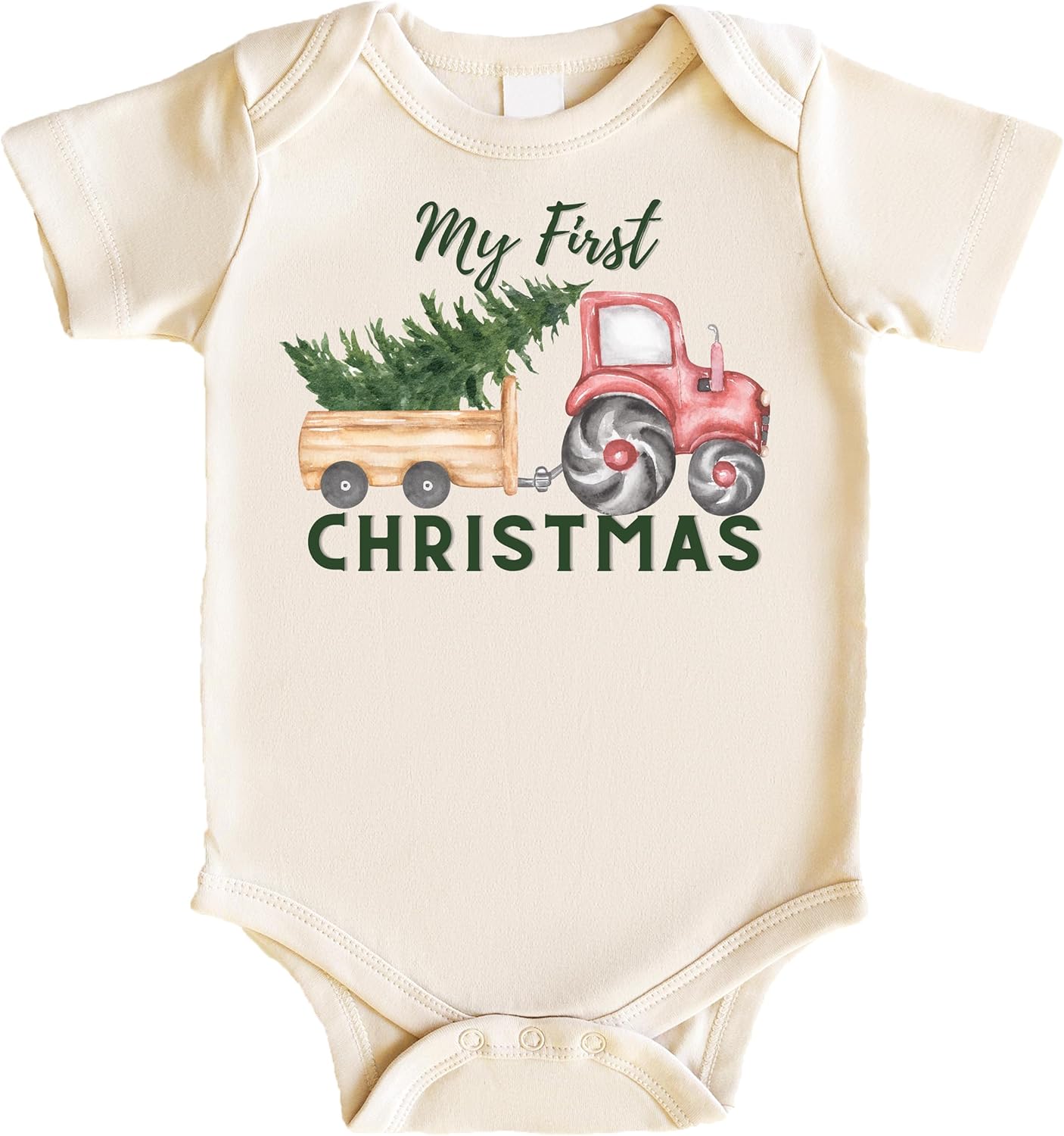 Olive Loves Apple 1st Christmas Tractor Christmas Tree Bodysuit for Baby Boy First Christmas Outfit Natural Bodysuit