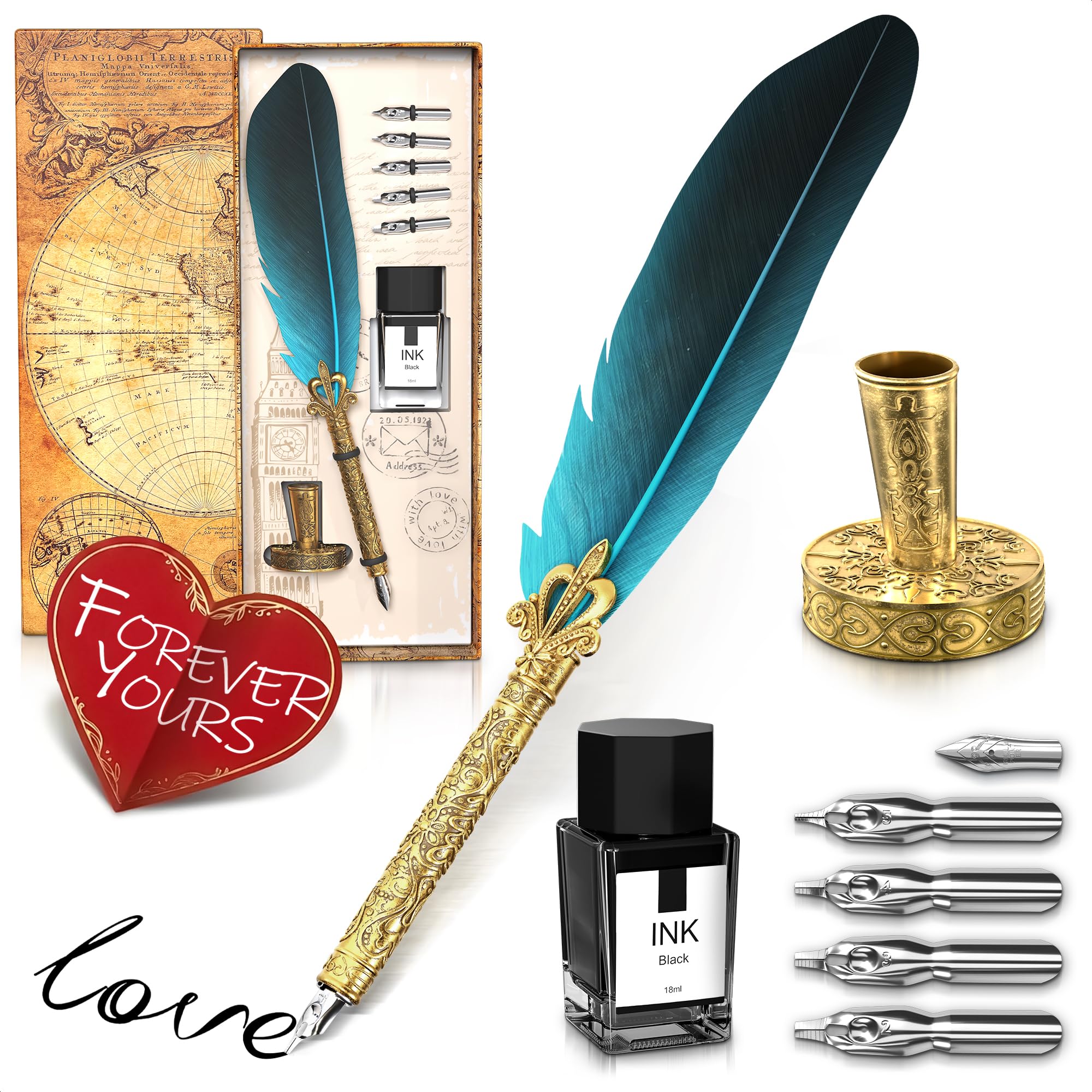 Vintage Feather Quill Pen and Ink Set - Elegant Blue Feather Pen and Ink Set for Signatures, Writing, and Drawing - Calligraphy Kit with Stainless Steel Nib for Beginners and Calligraphy Enthusiasts