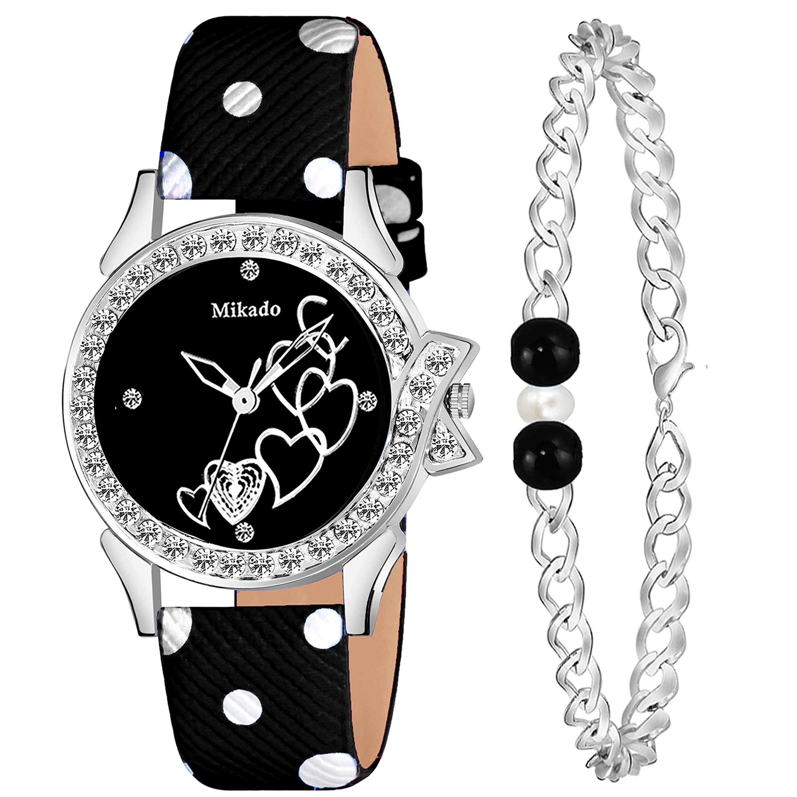 Mikado Style Black Analog Watch with Beads Bracelet for Women (B09XXVM1YM) Amazon Price History, Amazon Price Tracker