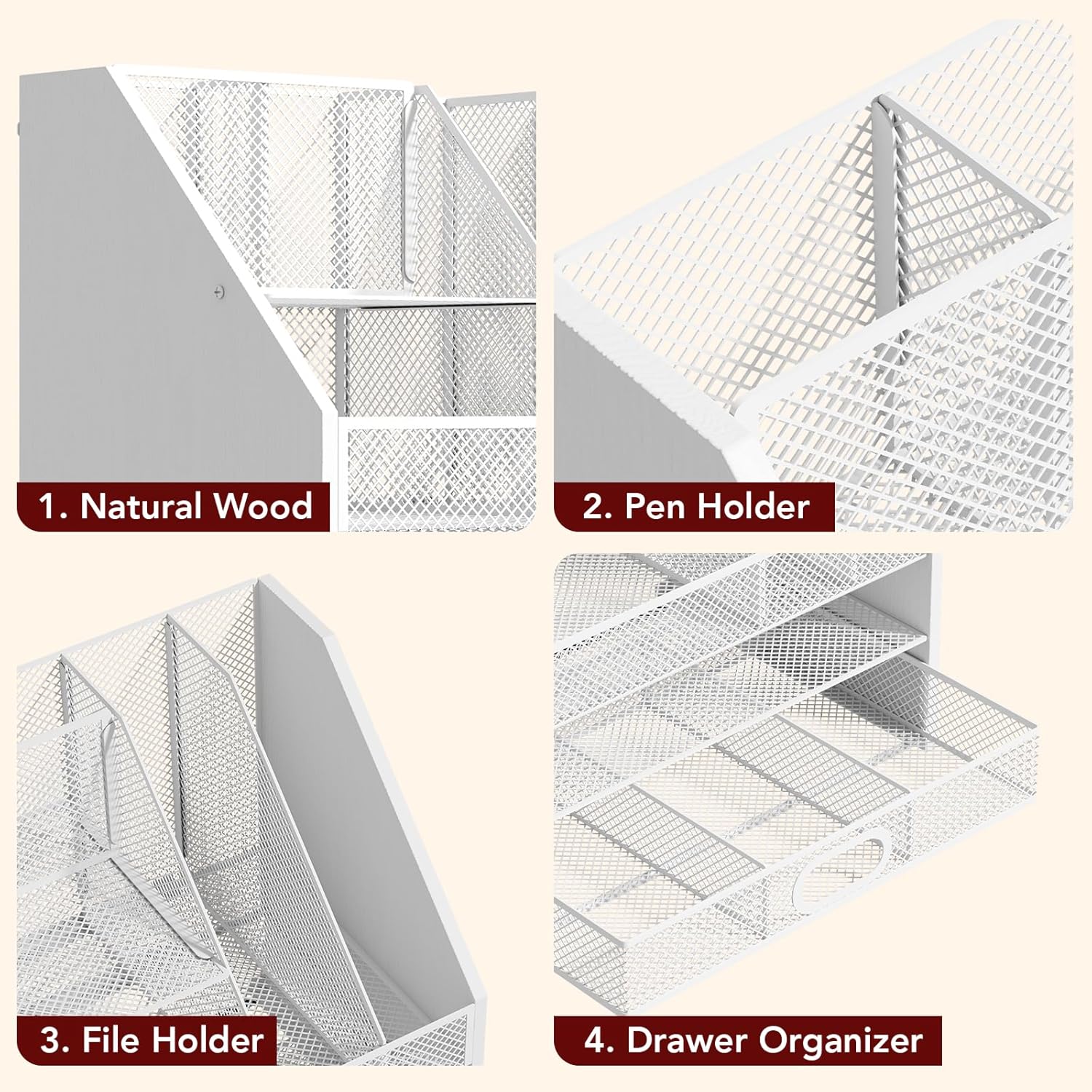 Wooden Desk Organizer - Mesh File Organizer with Drawers and Pen Holder - 4-Tier Vertical Paper Letter Storage Tray, Desktop Organizers and Accessories for Home Office （White