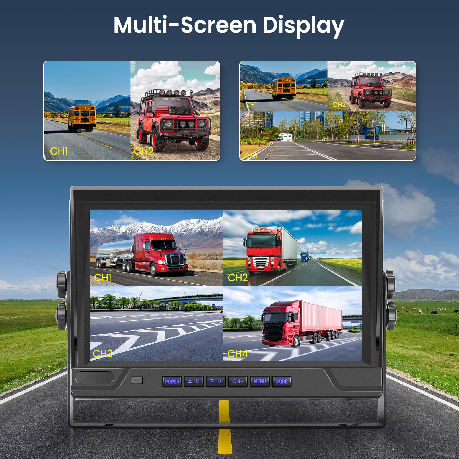 Hodozzy 4 Cámara de Visión Trasera para 9 Pulgadas Monitor Pantalla 4-Dividido, Cámara Marcha Atrás de Grabación En Bucle Visión Nocturna Impermeable con Cable para Camiones/Remolque (12V-36V)