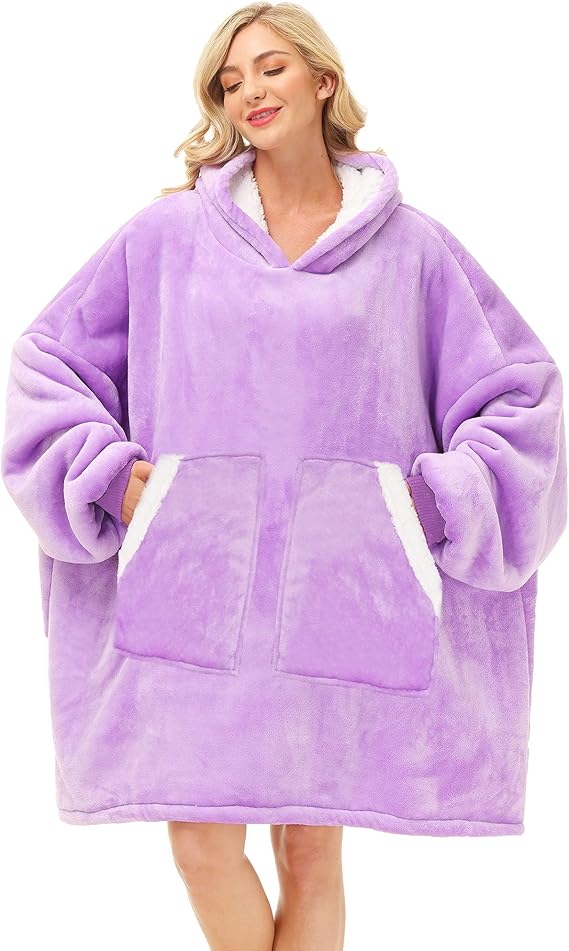 Oversized Wearable Blanket Sherpa Fleece Thick Warm Hoodie Blanket Big Hooded Sweatshirt Hoodie Blanket for Adults Women Girls Teenagers Teens Men Purple