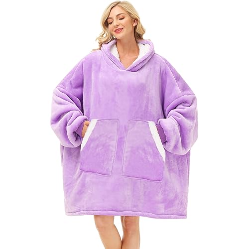 Oversized Wearable Blanket Sherpa Fleece Thick Warm Hoodie Blanket Big Hooded Sweatshirt Hoodie Blanket for Adults Women Girls Teenagers Teens Men Purple