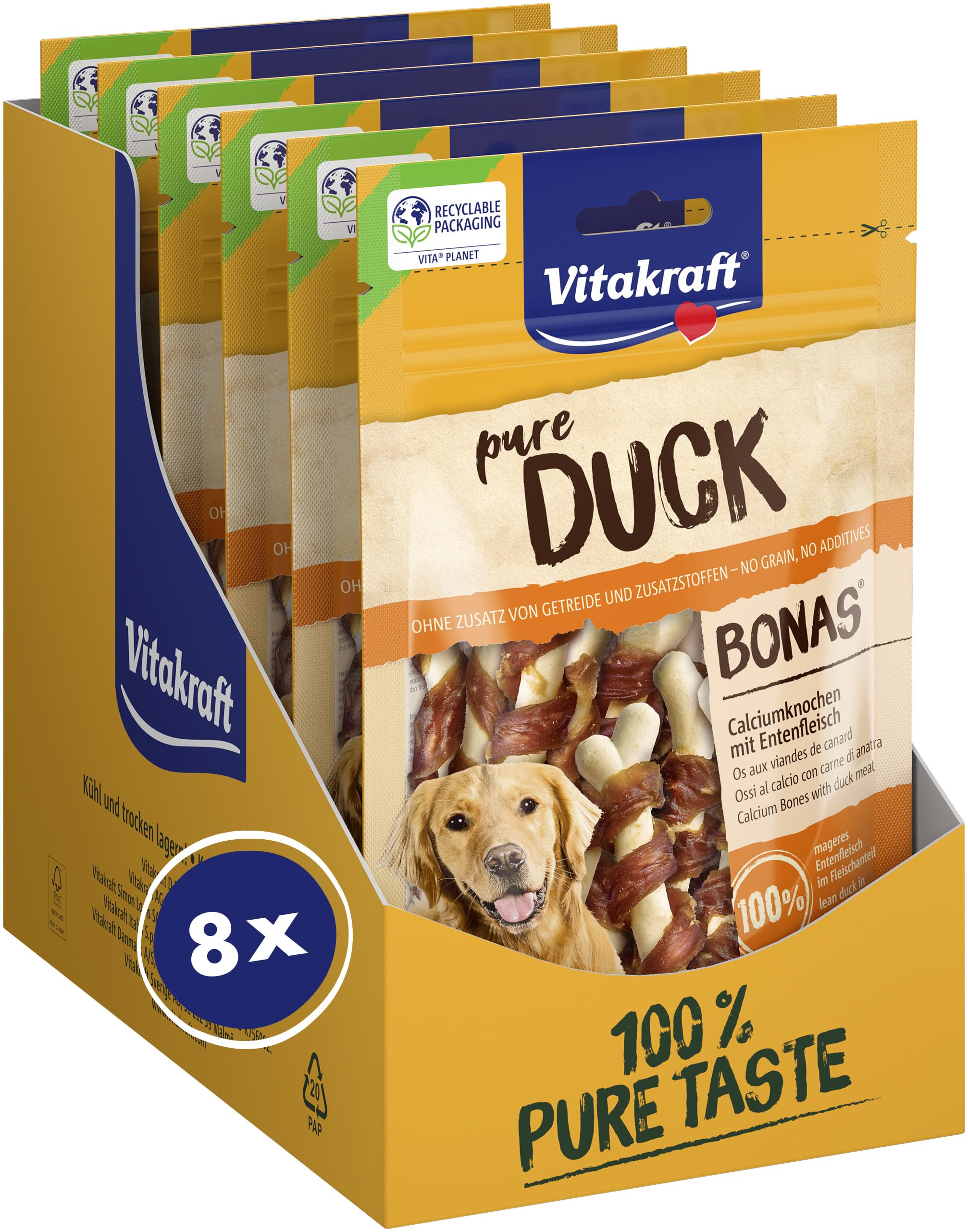 Vitakraft Pure Duck Bonas, Hundeleckerli, Calciumknochen mit Entenfleisch, Hunde Trainingsleckerli, ohne Zusatz von Zucker (8x 80g)