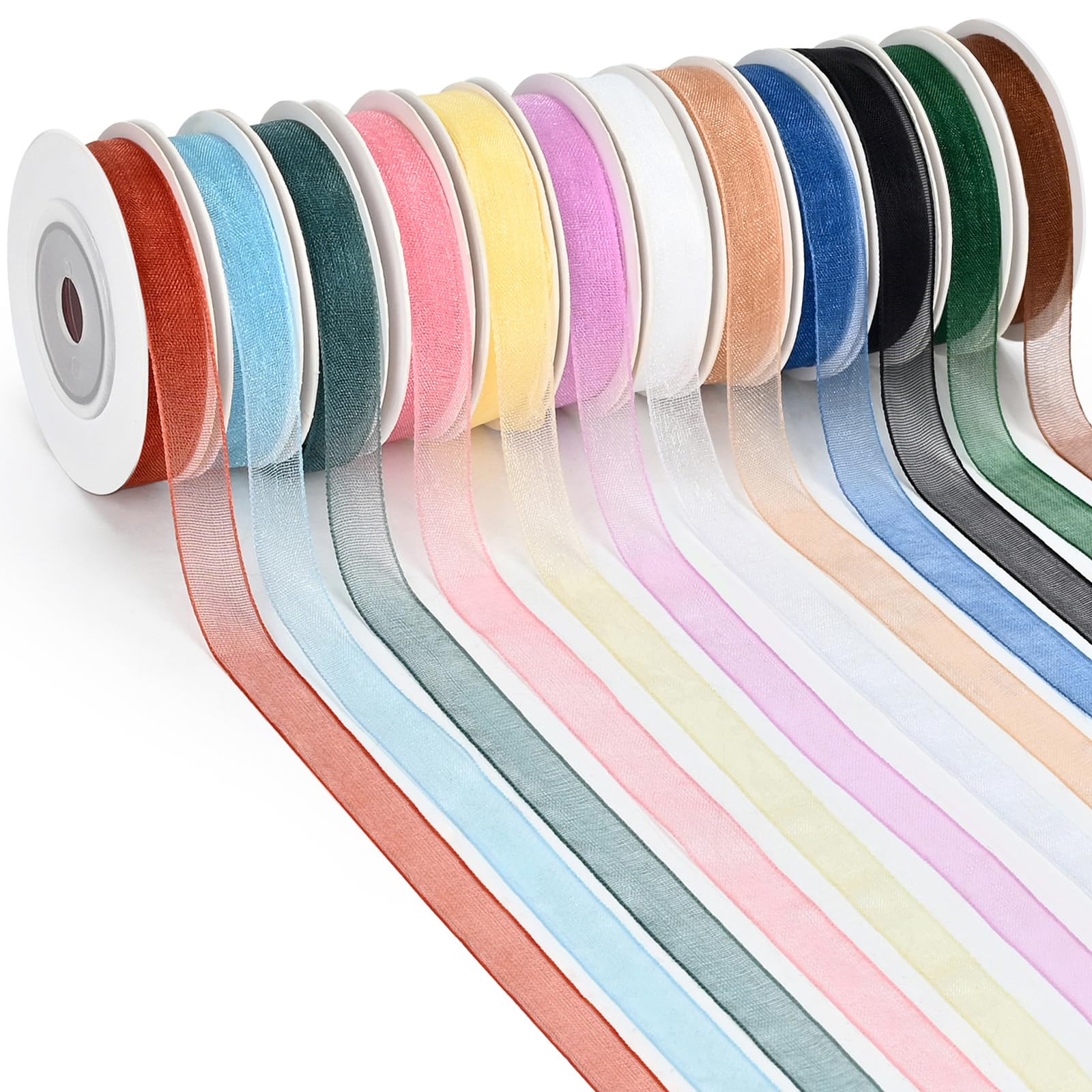 Photo 1 of 12 Colors Organza Ribbon, 3/8 Inch x 120 Yards Total, Sheer Ribbon Set for Gift Wrapping, Wedding Decoration, Craft Projects, Hair Bows & Flower Bouquets
