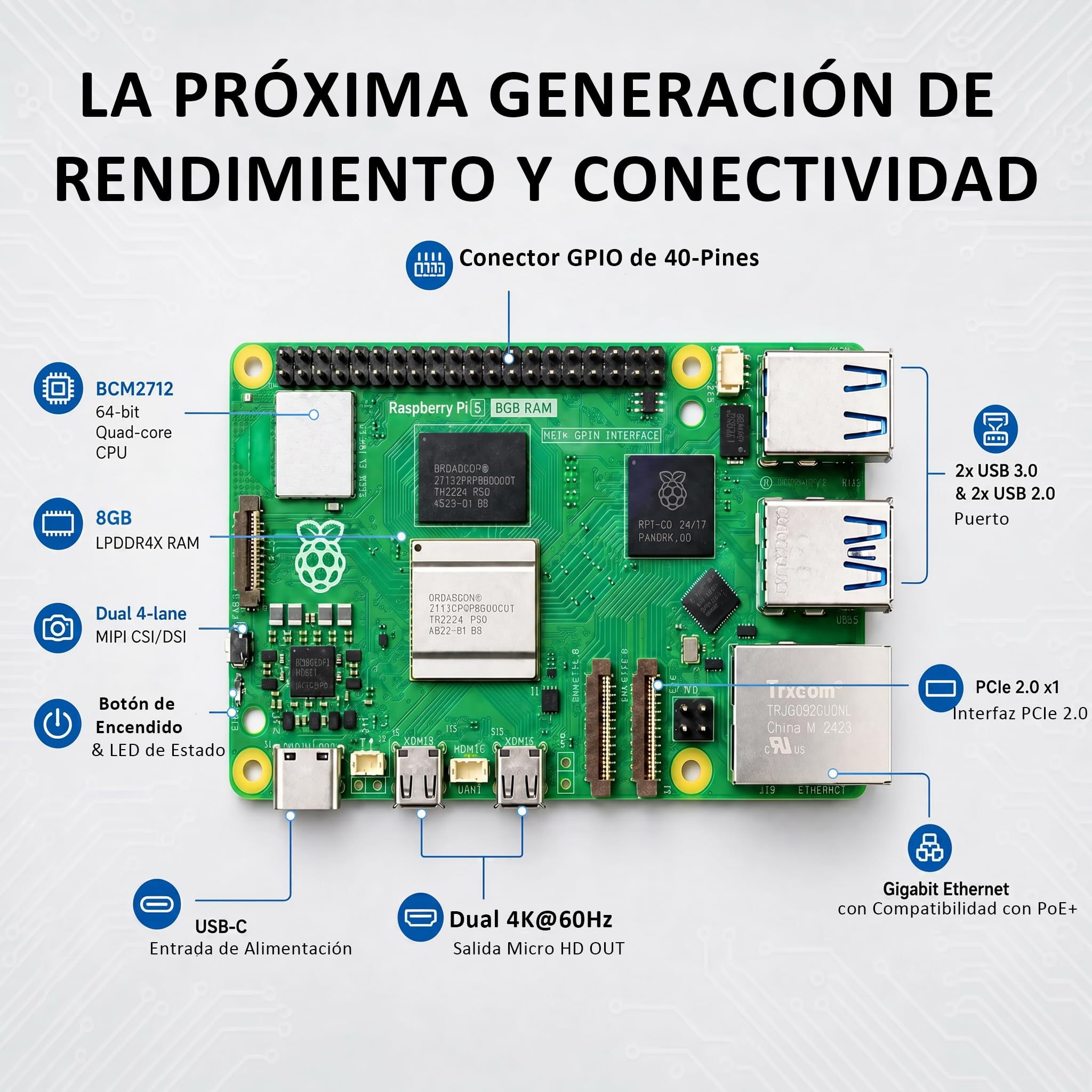 Vemico Raspberry Pi 5 Kit 8GB RAM 64GB Edition | 27W GaN 5.1V5A USB C Alimentazione,Active Cooler,64GB Tarjeta,Dual 4K HD Out Cable,Pi 5 8GB Board,Pi 5 Carcasa,Manual Usuario
