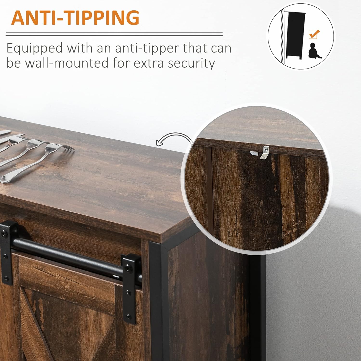 Close-up of the anti-tipping mechanism on the HOMCOM cabinet
