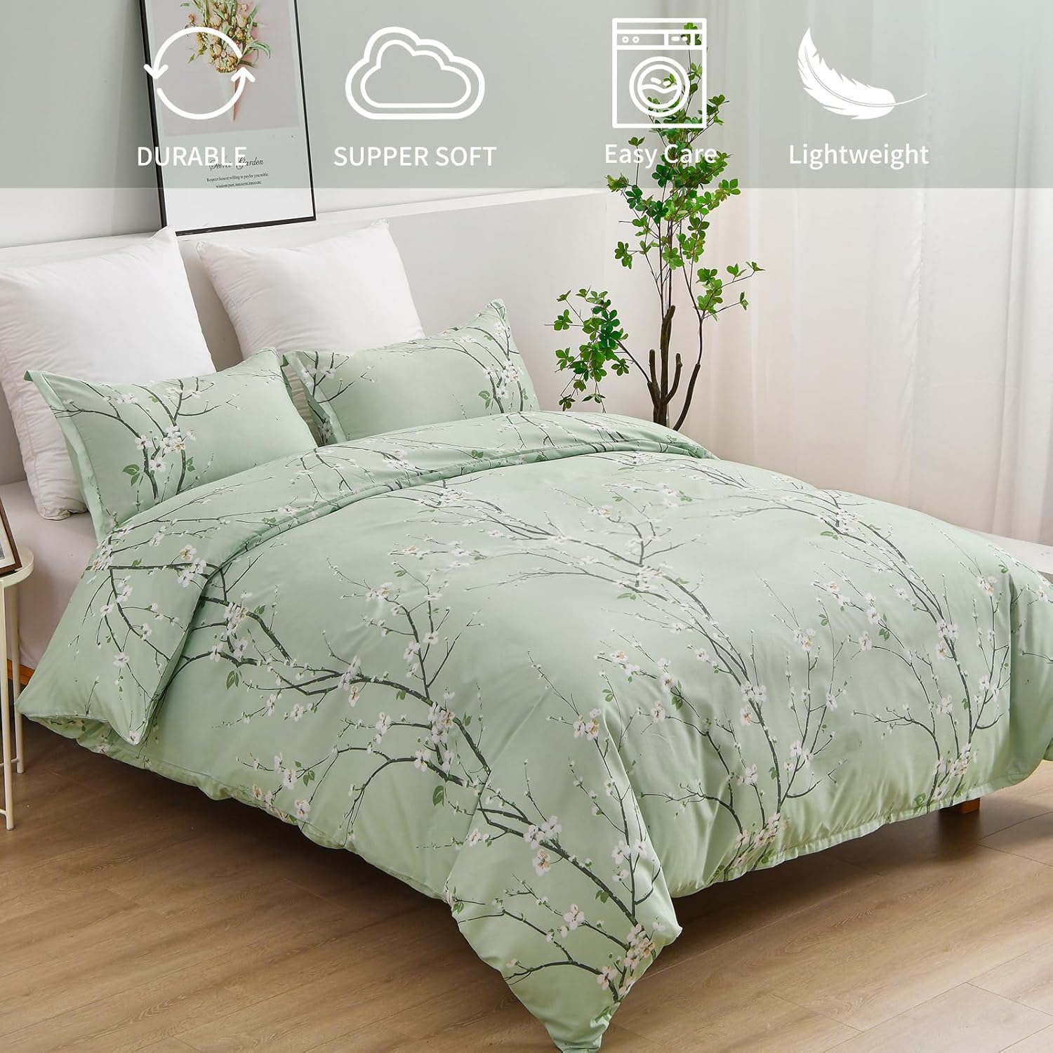 WONGS BEDDING Sage Green Floral Duvet Cover Set Queen, 3 Pieces Flower Plum Blossom Printed Bedding Set with 2 Pillow Shams, Botanical Branch Comforter Cover Set Queen Size 90"X90"(Not Comforter)