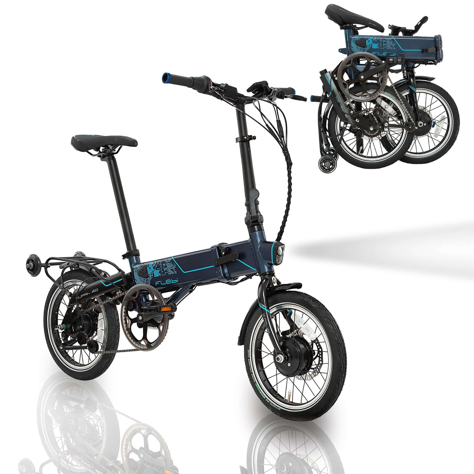 Flebi Supra 4.0+ Vélo Électrique Pliable 16" | Autonomie 100 km | Batterie Amovible 14Ah/504Wh | 7 Vitesses | E-Bike Urbain Unisexe Compact et Léger Femme/Homme