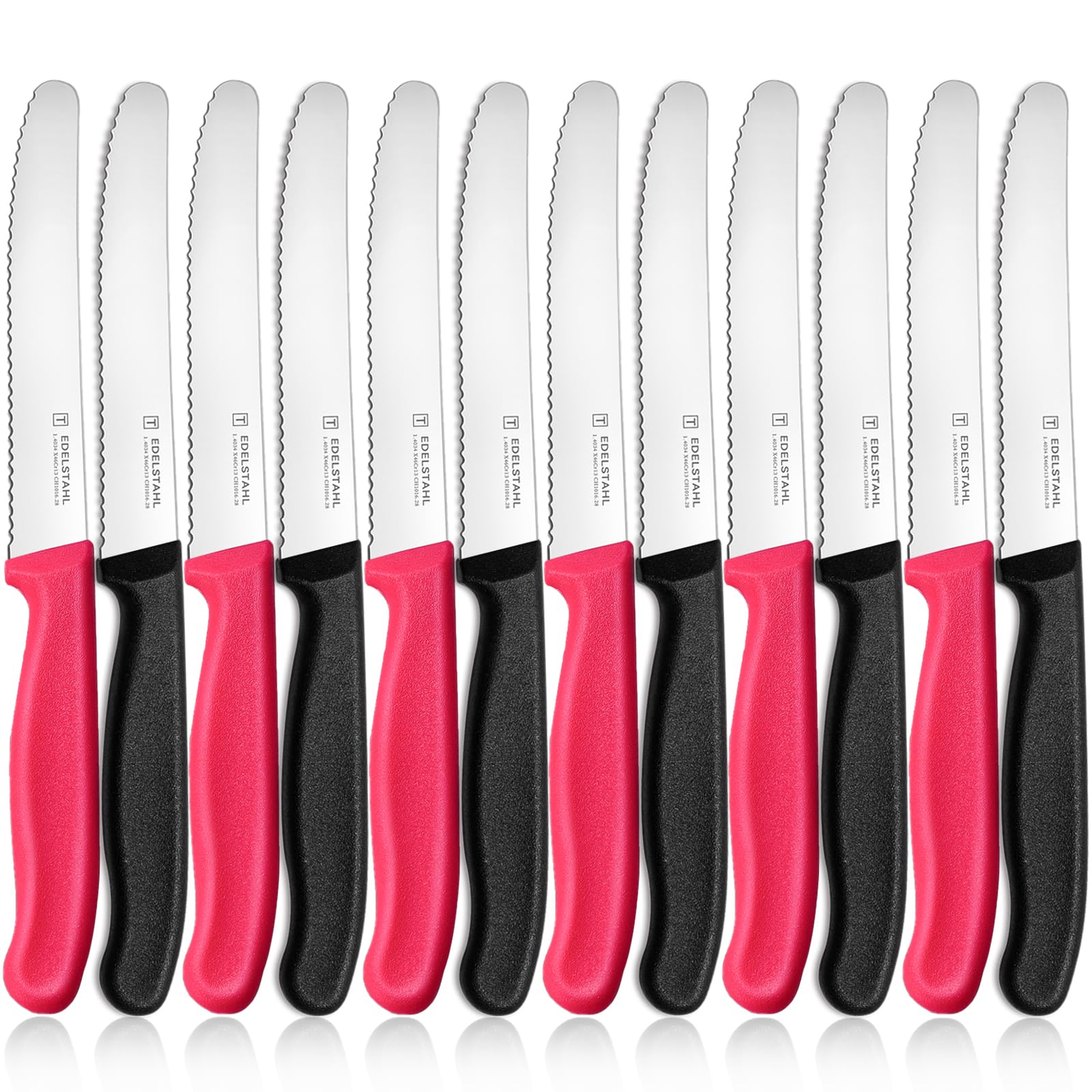 targzier Frühstücksmesser 12 Stück, Edelstahl Tafelmesser,Langlebiges Brötchenmesser,Kunststoffgriff Tomatenmesser Wellenschlif,Bunt Brotzeitmesser,Scharfe Messer,Schwarz und Pink Schneidemesser