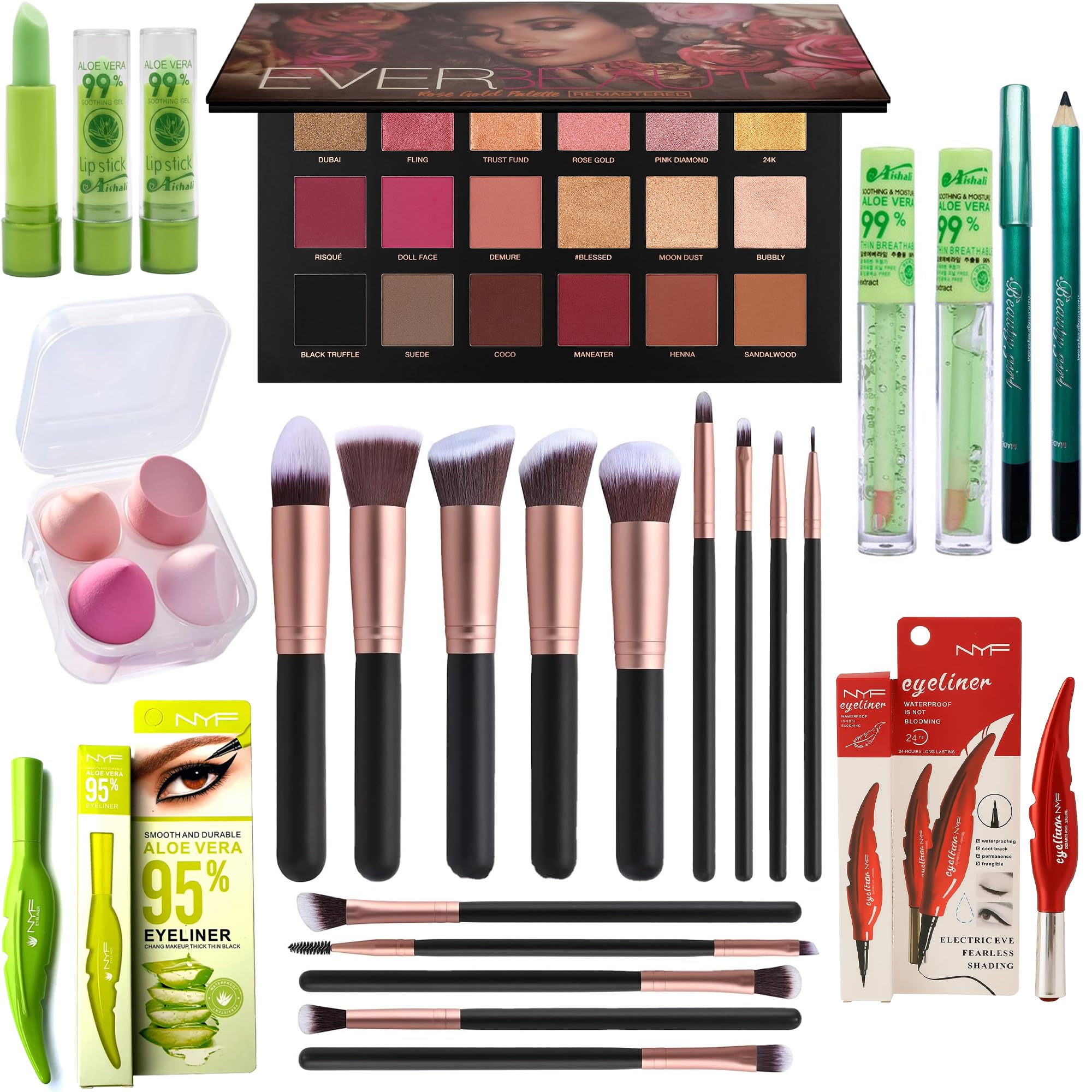 Makeup Kit Set for Women Complete Beauty Set with Eyeshadow Palette, Makeup Brushes, Eyeliner, Aloevera Lipstick/lipgloss and Sponges