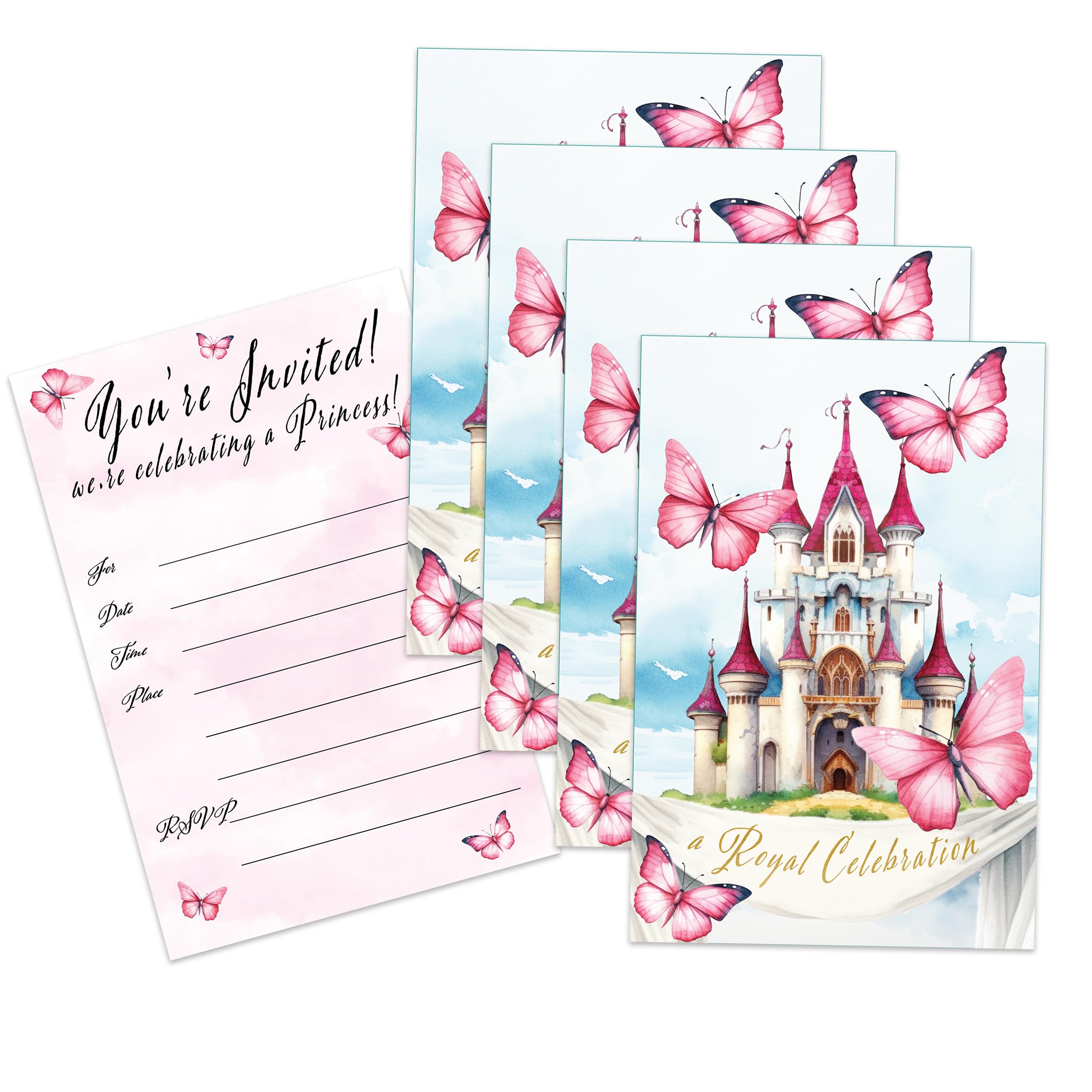 Fairy Tale Castle Pink Princess Birthday Party Invites For Girls Kids - 20 Count of 4 x 6 Inch Double Sided Fill-In Invitations With Wet To Seal Envelopes