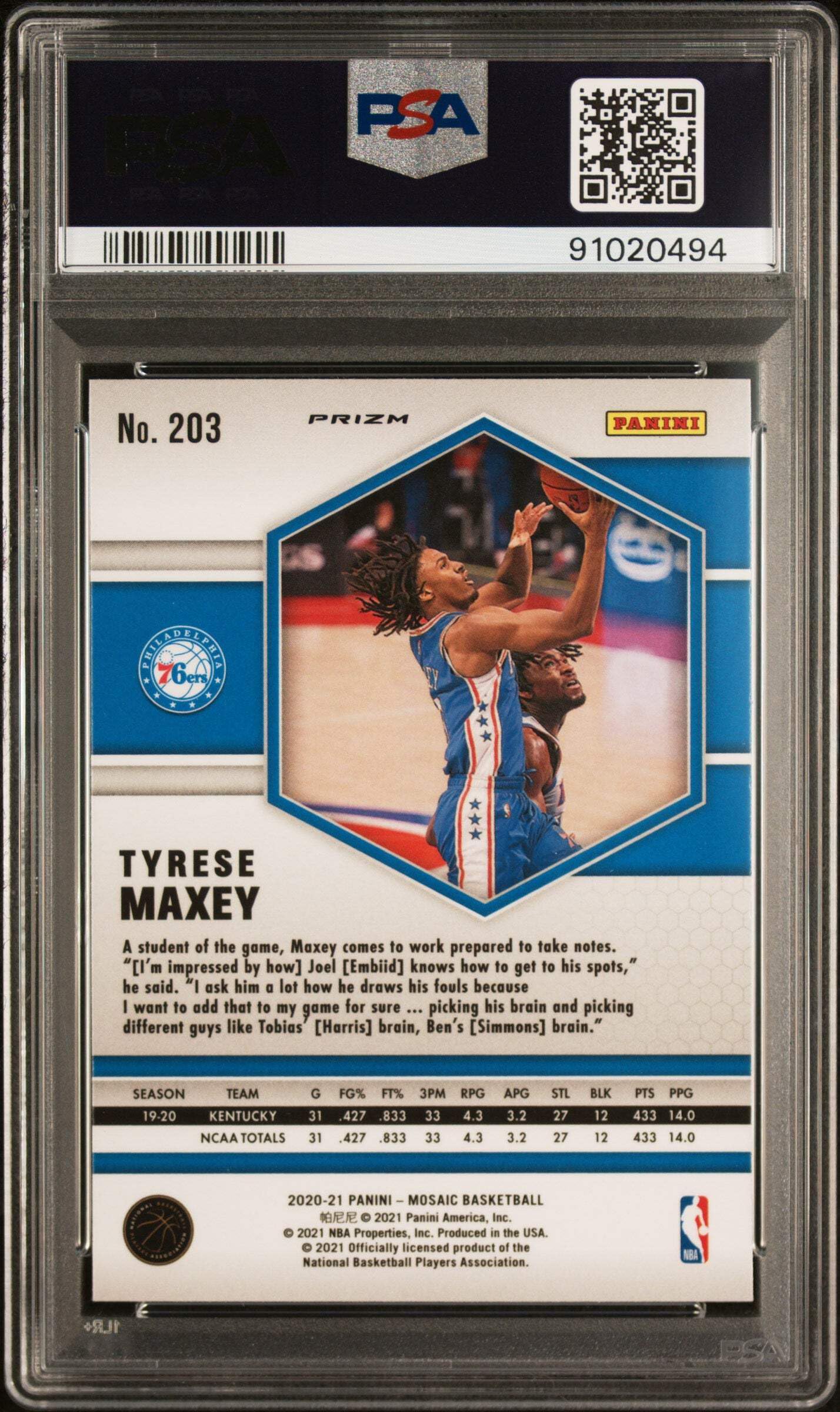 Amazon.com: Graded 2020 Panini Mosaic Tyrese Maxey #203 Reactive