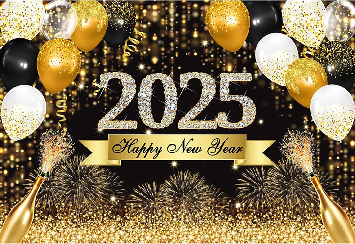8x6ft Happy New Year 2025 Gold Backdrop Glitter Diamond 2025 Gold Fireworks Balloons Champagne New Year Photography Background New Year Eve Holiday Party Decor Banner Supplies