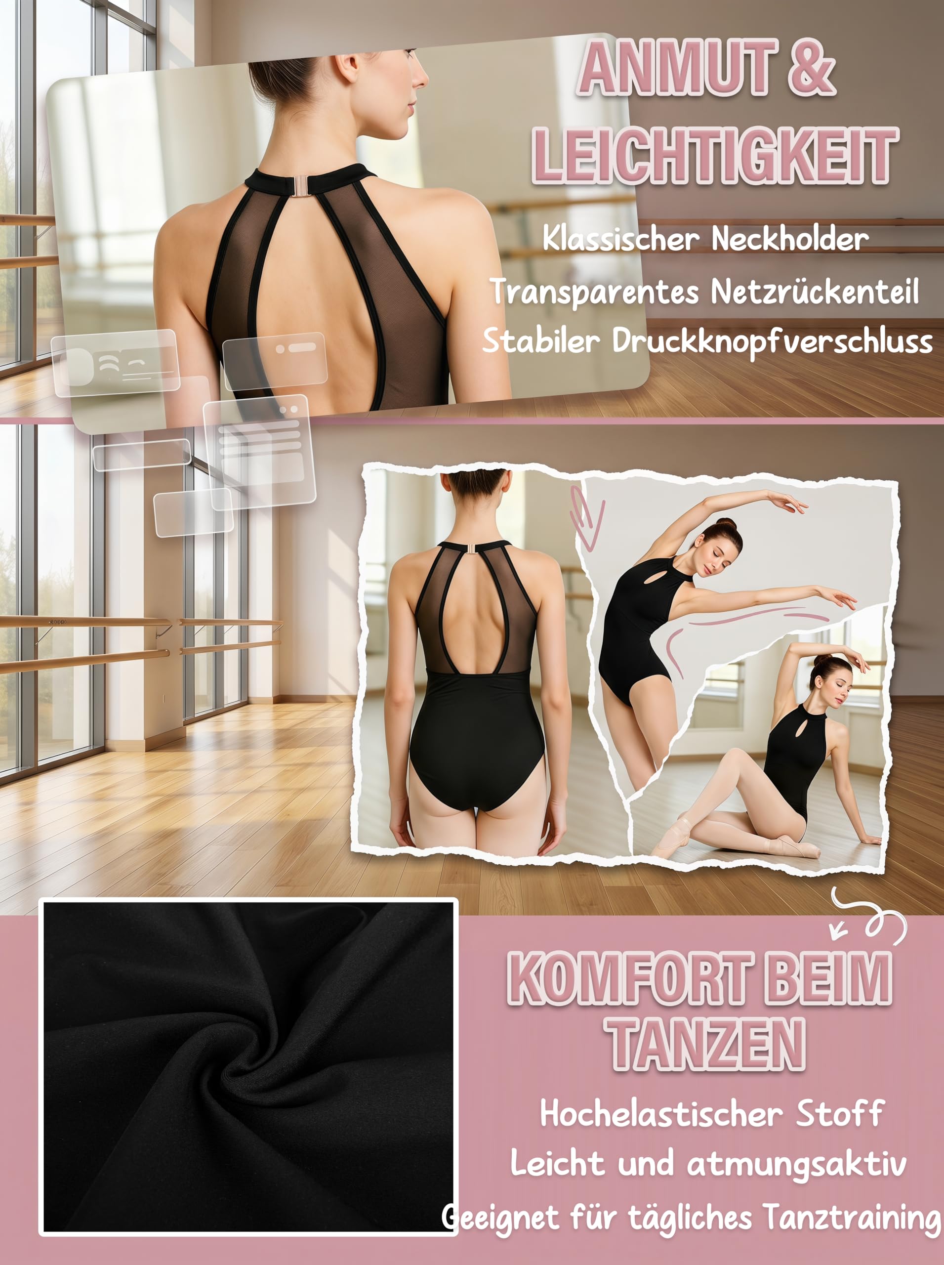 Schwarze Damen Ballett-Strap, eingebaute Brustpolster Tasche, Rücken Hollow Tanzkostüm