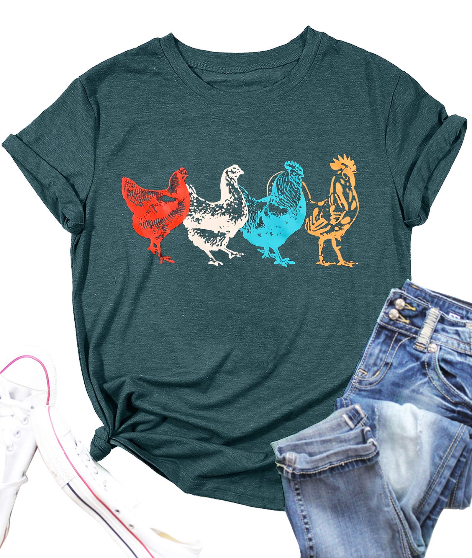 Chicken Shirt for Women Farm Tees Farm Girl T Shirt Funny Chicken Graphic T-Shirt Casual Short Sleeve Tops