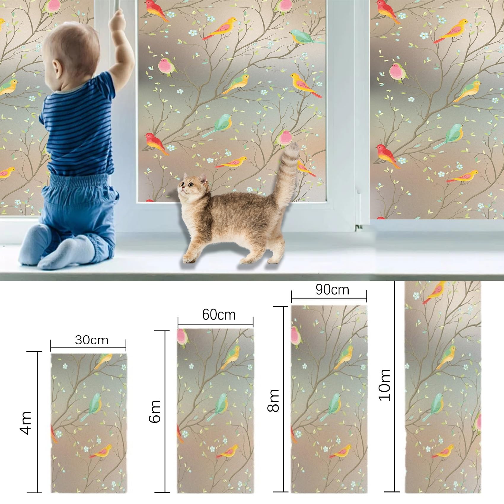 para Cristales Vinilo Adhesivo 110 x 325 cm, Ventana Fácilmente Decorativo Reutilizar, Adherencia Decorativos, Decorativo Película para Ventana, para Dormitorio Oficinas, Flores Y Pájaros