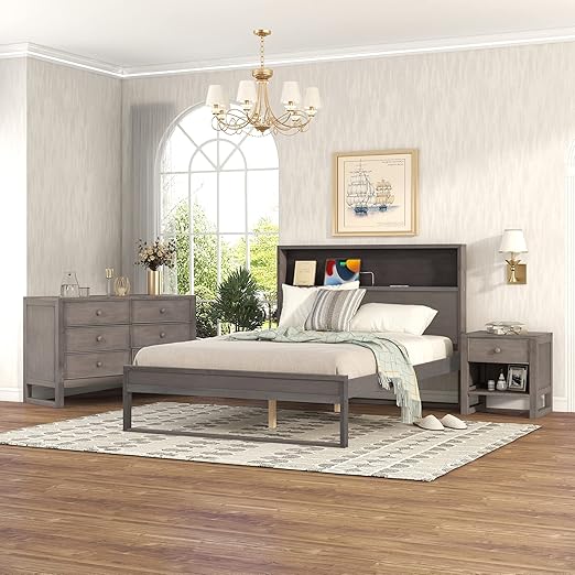ODC 3PCS Bedroom Furniture, Solid Full Size PlatformBed