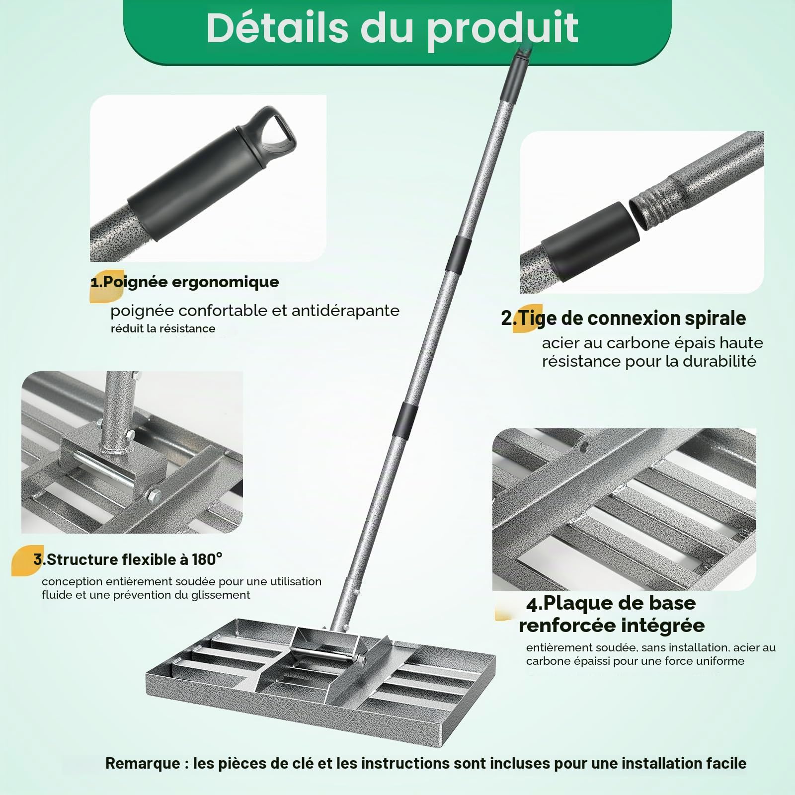 Rateau nivellement Gazon 43×26 cm, Râteau de nivellement en Acier Carbone, tête soudée, Angle réglable 0–180°, Outil Top Dressing Sable Terre Compost, Jardin Golf