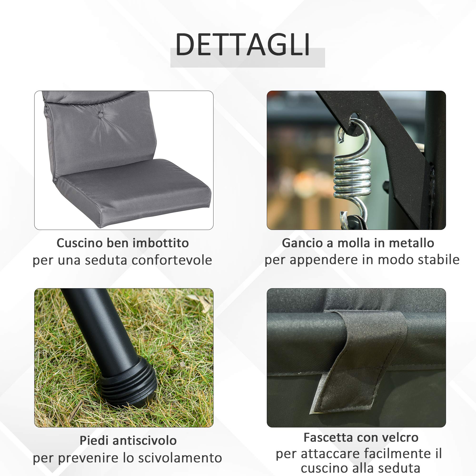 Outsunny Dondolo da Giardino a 3 Posti, Dondolo da Esterno con Tettuccio Regolabile e 2 Tavolini, Grigio 271x125x177cm