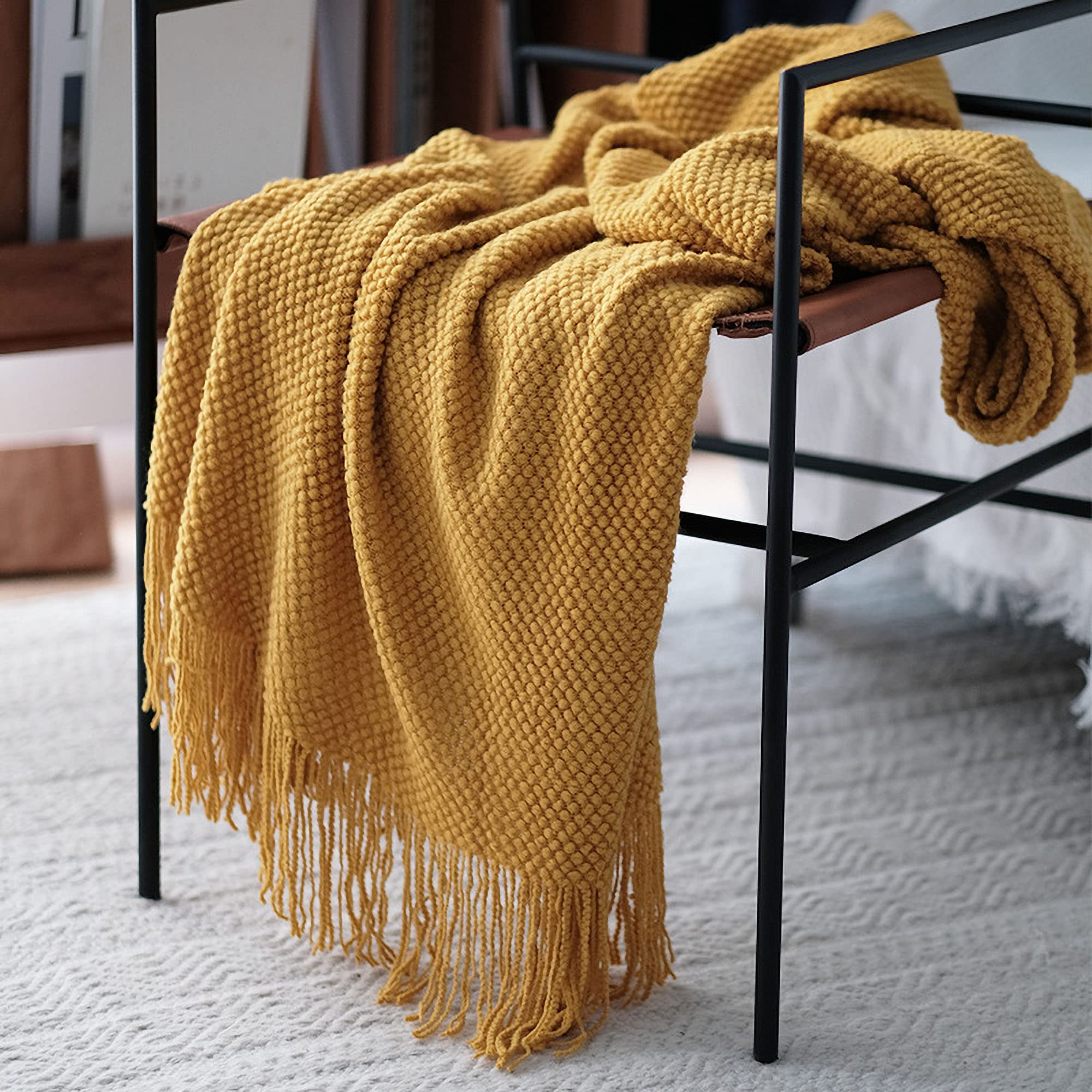 Coperta Quadri Gialla Con Frange Per Divano Letto - 127x170 Cm, Morbida E Calda In Acrilico, Stile Semplice Per Camera Da Letto E Casa