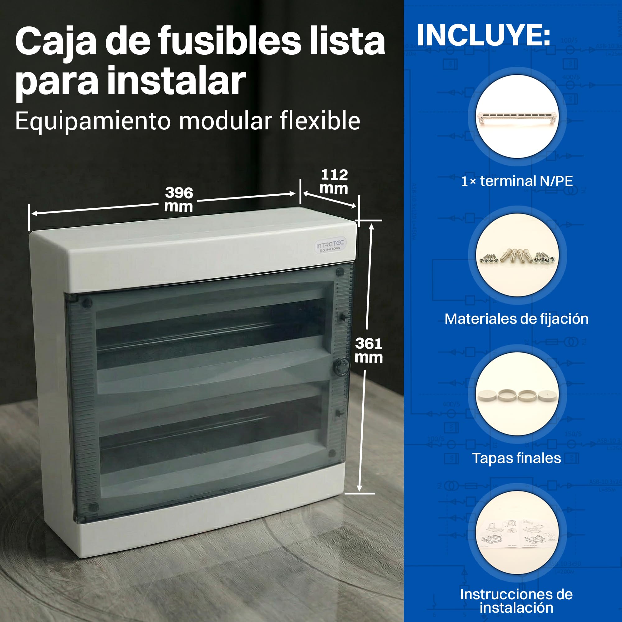 Intratec Cuadro Eléctrico de Superficie 2 Fila – IP40 Caja de Distribución para 36 Módulos con Puerta Blanca para una Instalación Fácil en Hogar y Comercio – 361 x 396 x 112 mm