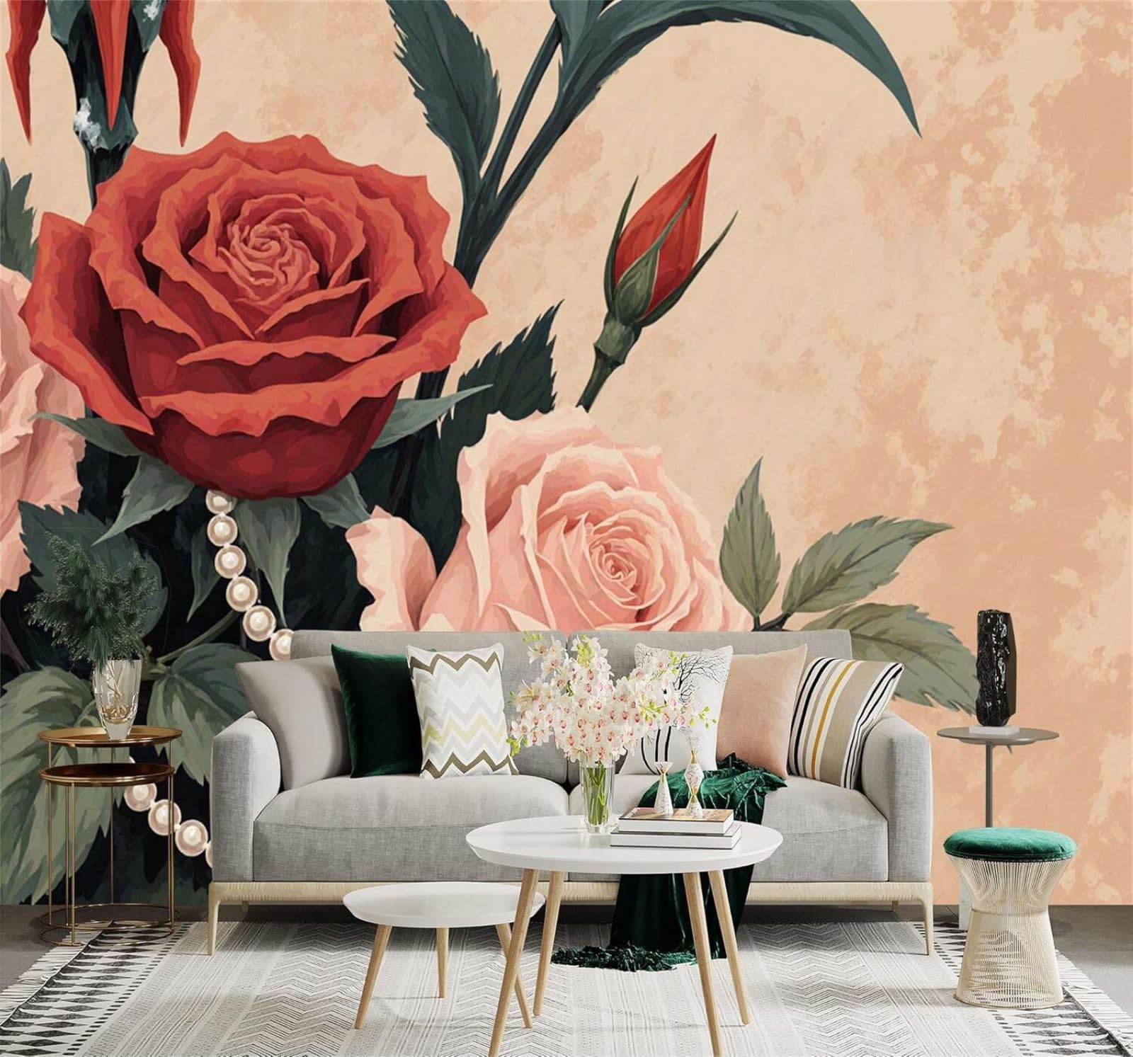 Yuemingdi 400Cm×280Cm(B×H) 3D Wallpaper Elegant Vintage Red And Pink Roses Pearl Accents