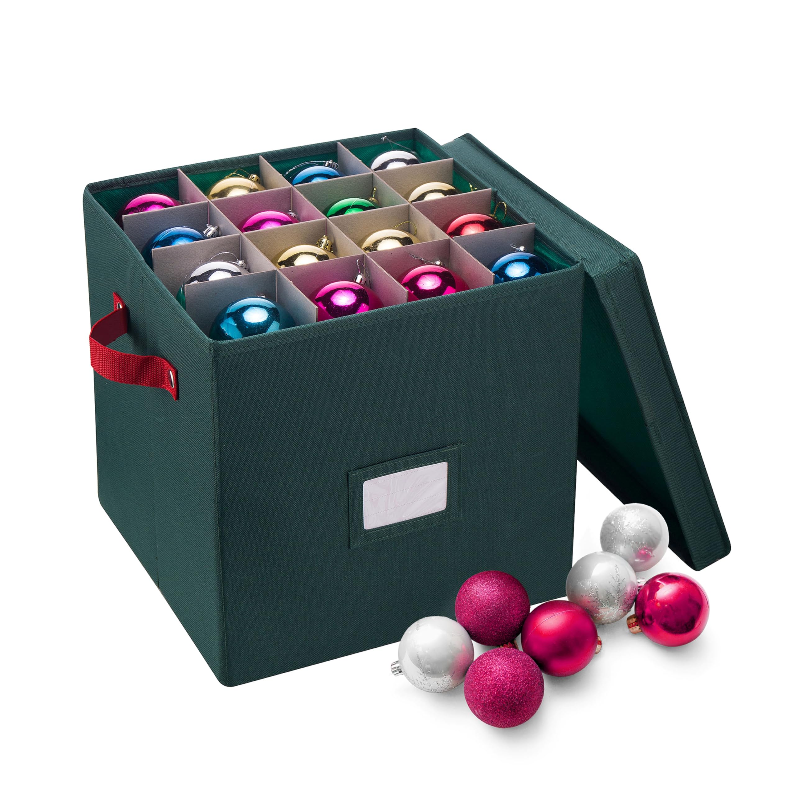 Storage Ornament Box - Holiday Organizer Cube with 64 Individual Compartments and Adjustable Dividers - For Christmas Decorations by Elf Stor (Green)