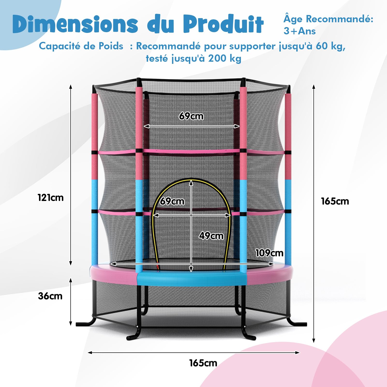 COSTWAY Trampoline Extérieur Enfants Ø165 CM avec Filet de Sécurité, Trampoline Enfants avec Cadre en Acier & 6 Poteaux Recouvert de Mousse, Charge Max 135kg pour Garçon et Fille…