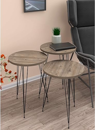 Miniatura 28 de PAK HOME Juego de 3 mesas auxiliares anidables de mármol blanco, mesas auxiliares redondas de madera apilables con patas de metal para sala de