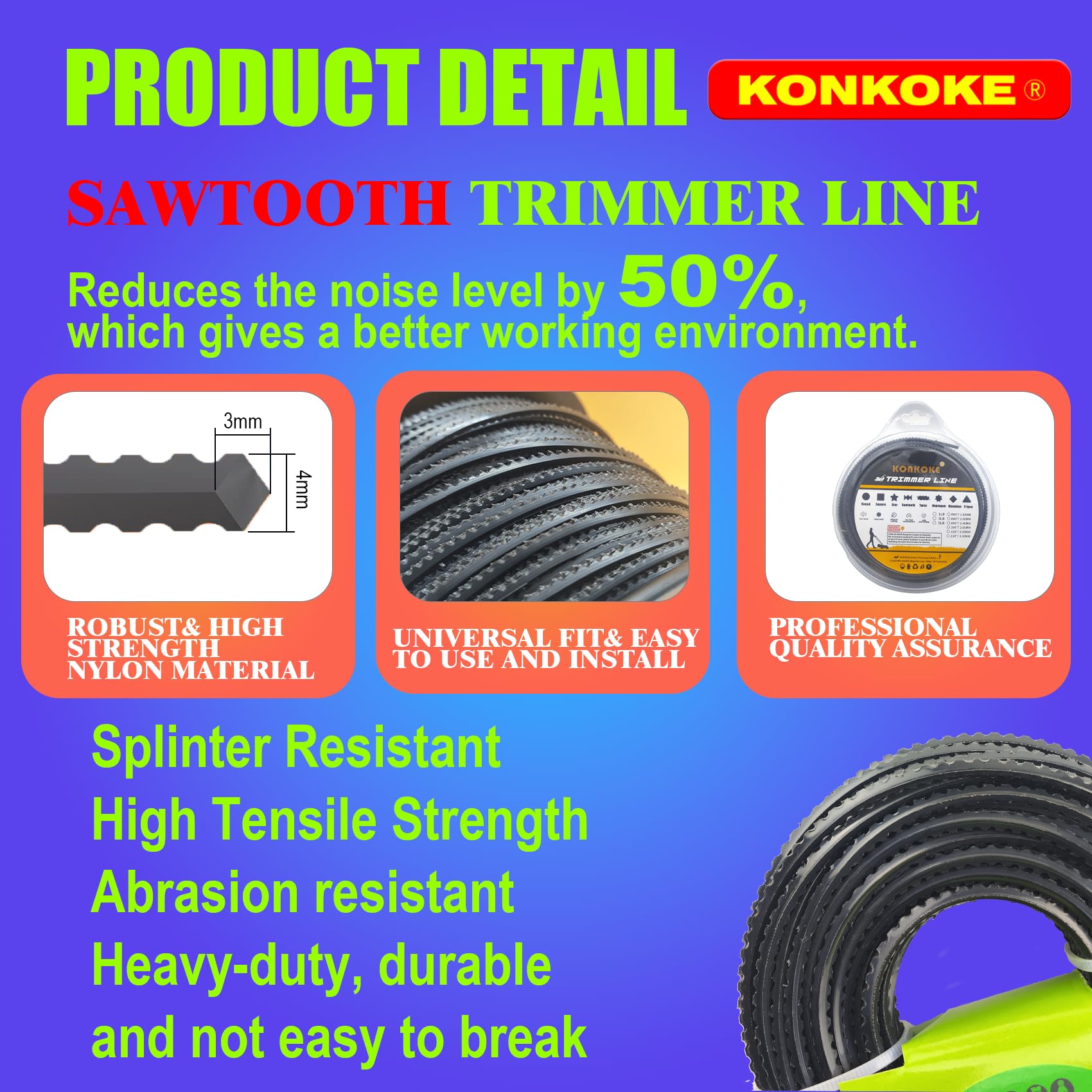 Generico Filo Dentellato per decespugliatore3,0mm,Filo dentato Universale in Nylon per decespugliatore e Tosaerba-Filo decespugliatore 3 mm seghettato【Nero/Seghettato】 3.0mm-PRO 450g