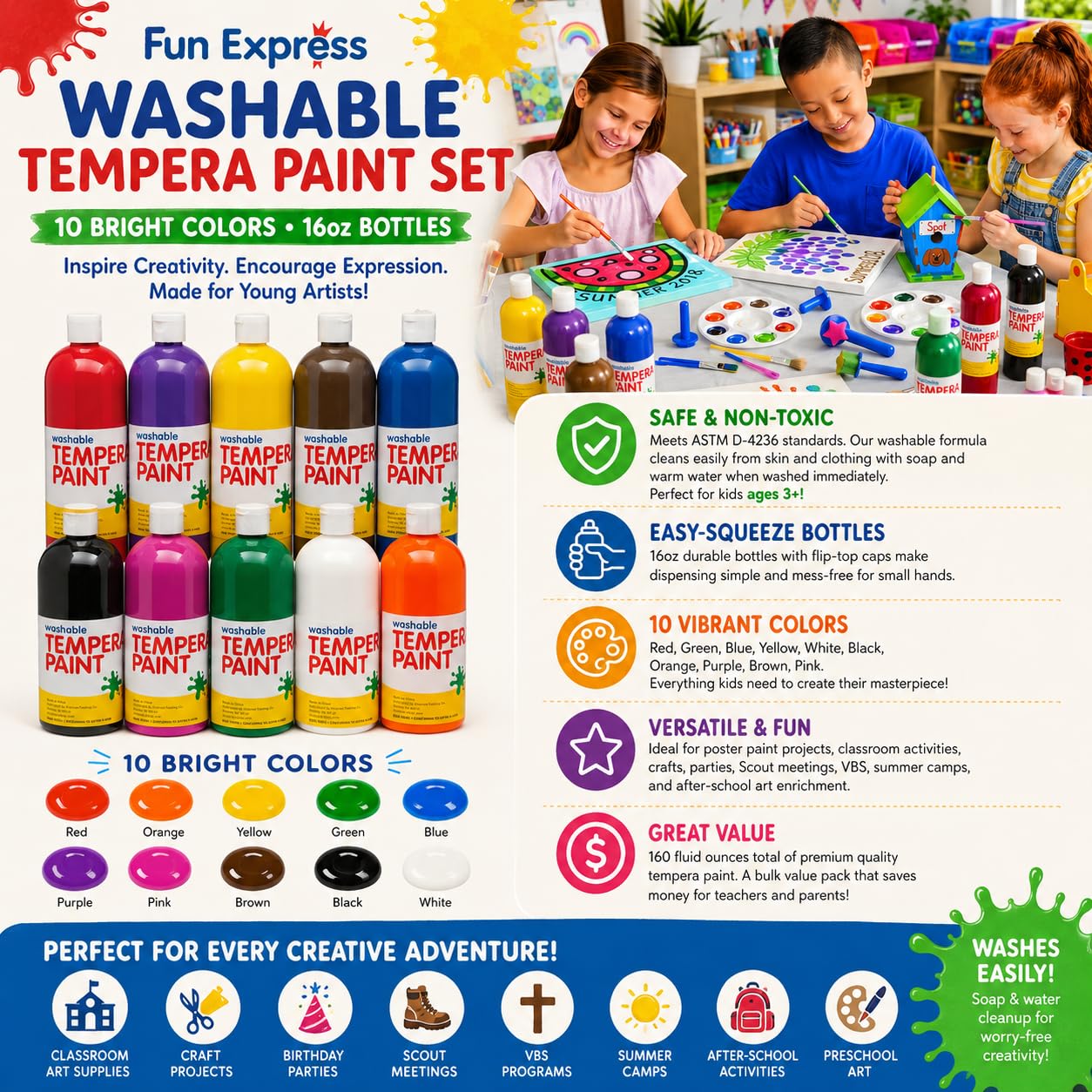 Amazon.co.jp: 洗えるテンペラ絵の具セット (明るい10色) 子供用