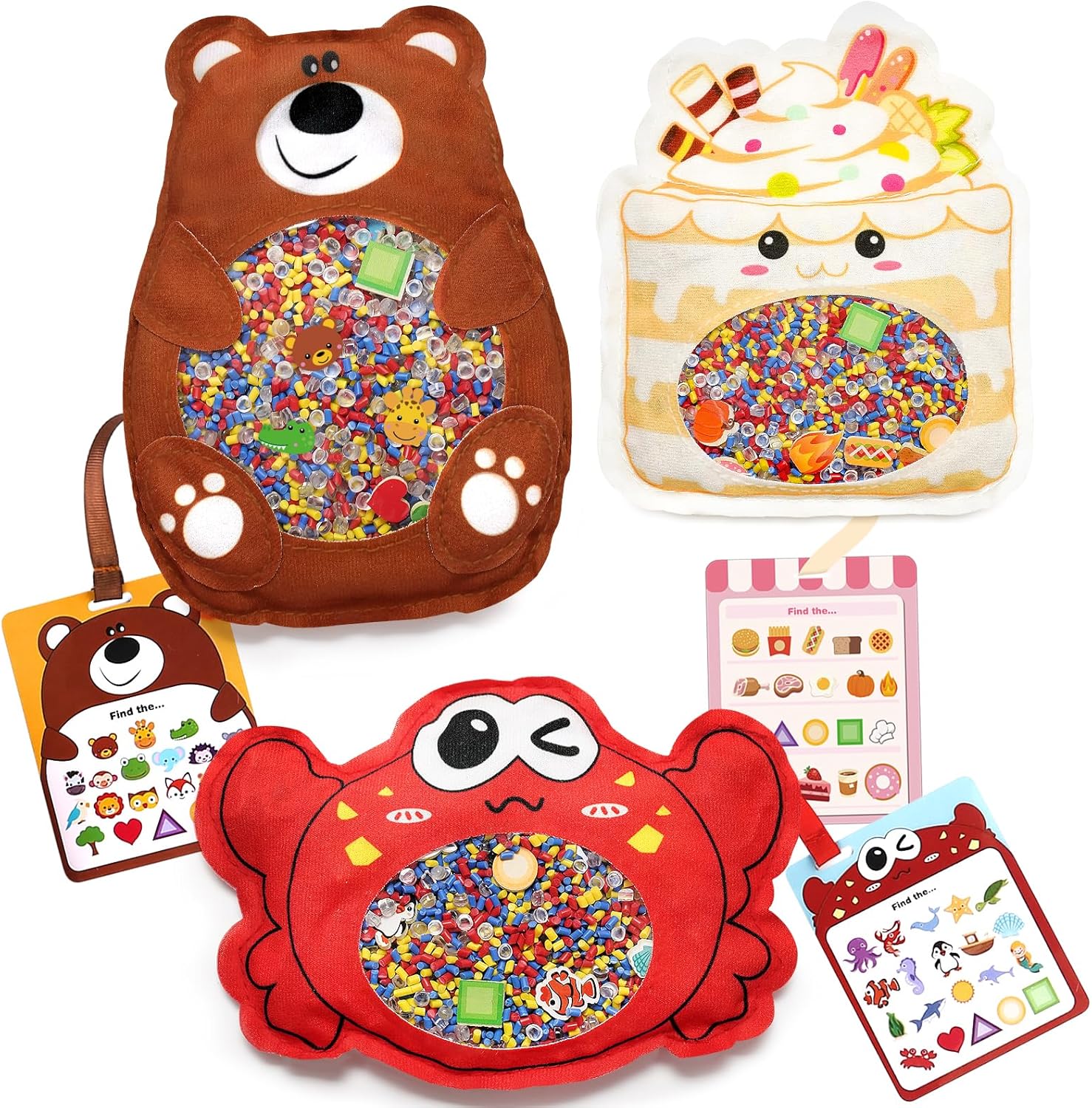 Joyreal Hide and Seek Busy Bag- 3 Pack Seek and Find Hidden Object Game, Sensory Hidden Object Search Problem Solving Travel Game for Kids 2+, Including Alphabet, Food, Fish, Animal (3)