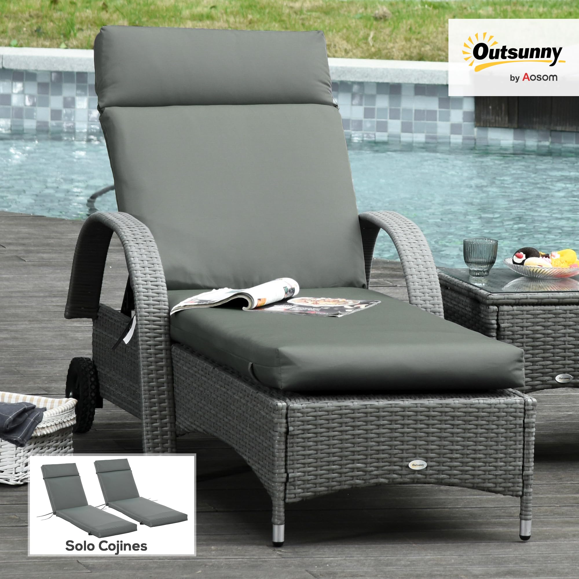 Outsunny Pack 2 Cojines para Tumbona 196x55x8 cm Colchoneta para Tumbona Acolchado Colchón para Silla de Jardín Terraza Balcón Cojines SOLO Gris