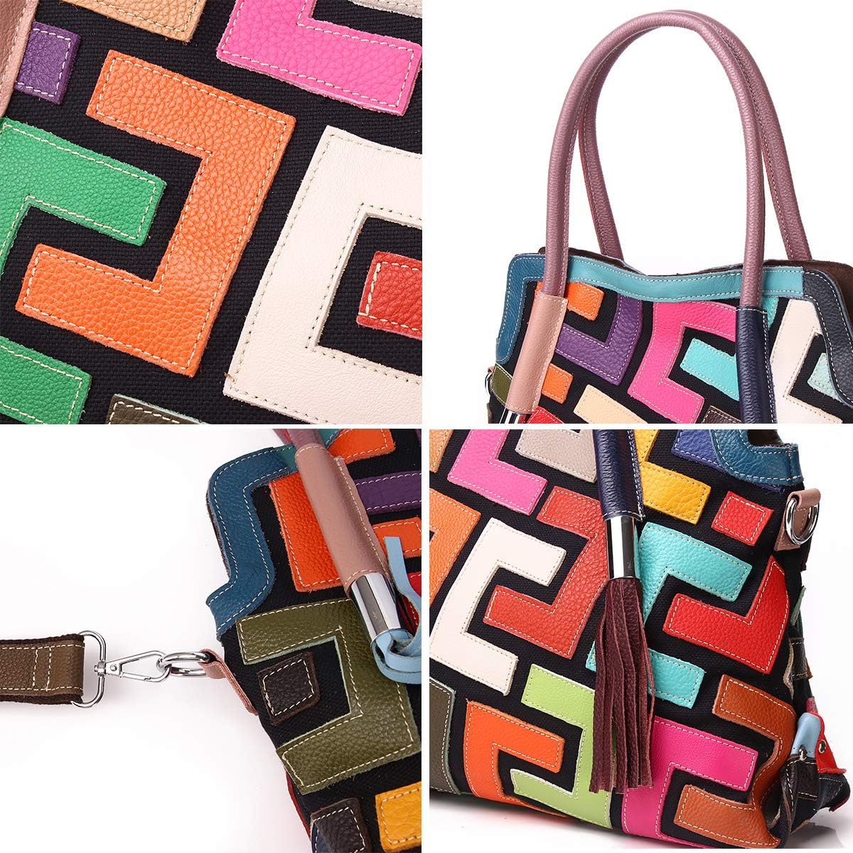 Women's Multicolor Big Boston Bag Genuine Leather RANDOM Colorful Patchwork Large Tote Handbag Hobo Crossbody Purses - Image 7