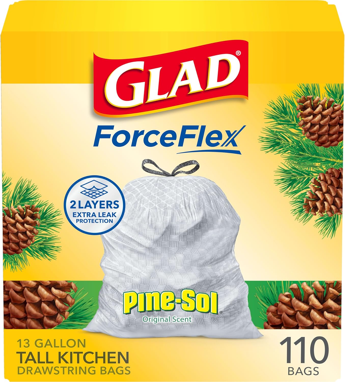 Glad ForceFlex Tall Kitchen Trash Bags, 13 Gal, Pine-Sol Original, 110 Ct (Package May Vary) Pine-Sol 110 Count (Pack of 1)