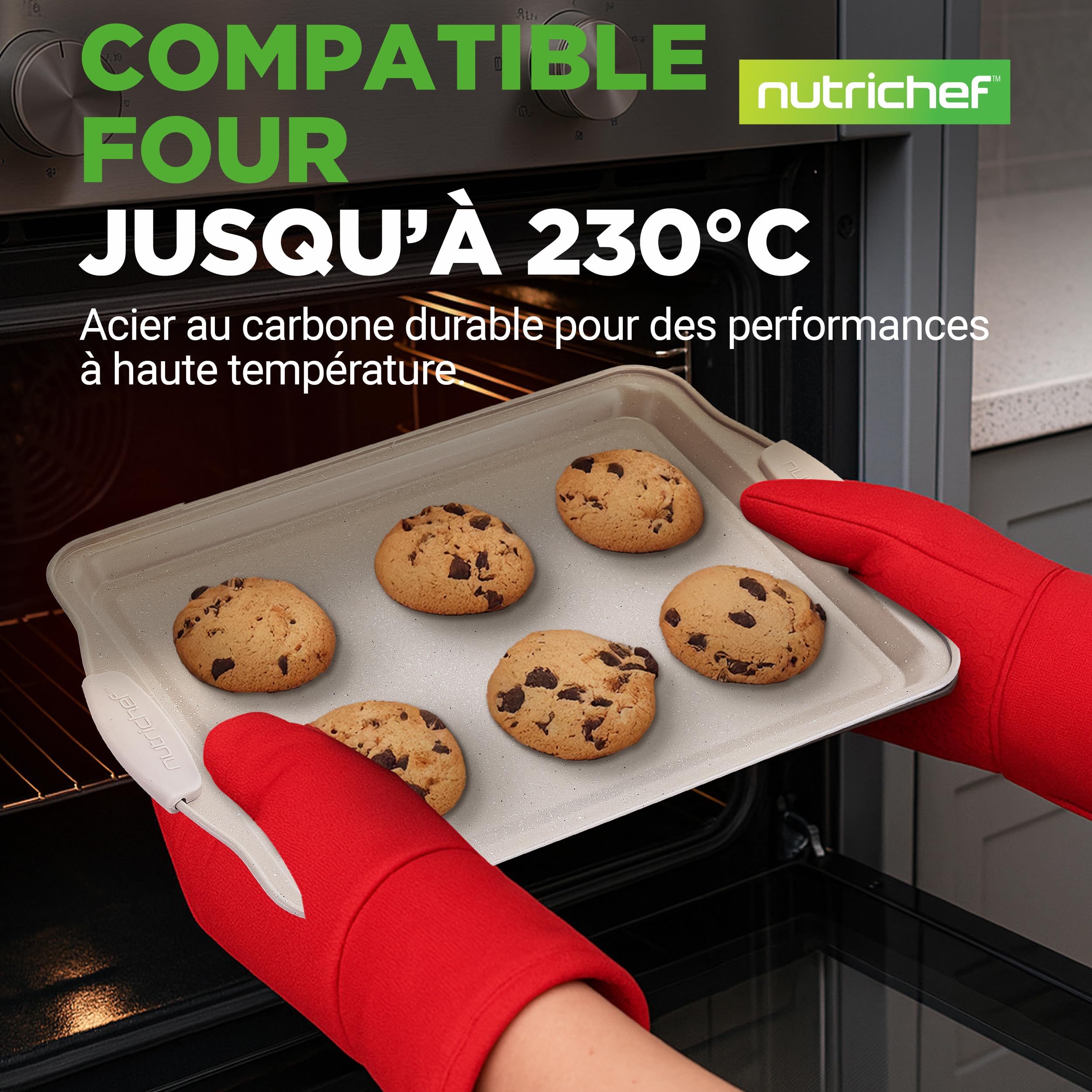 NutriChef Set de 3 Plaques à Pâtisserie Antiadhésives pour Biscuits - Poêles en Acier au Carbone de Haute Qualité avec Poignées en Silicone Noire - Répartition Uniforme de la Chaleur, Sans PFOA/PFOS/