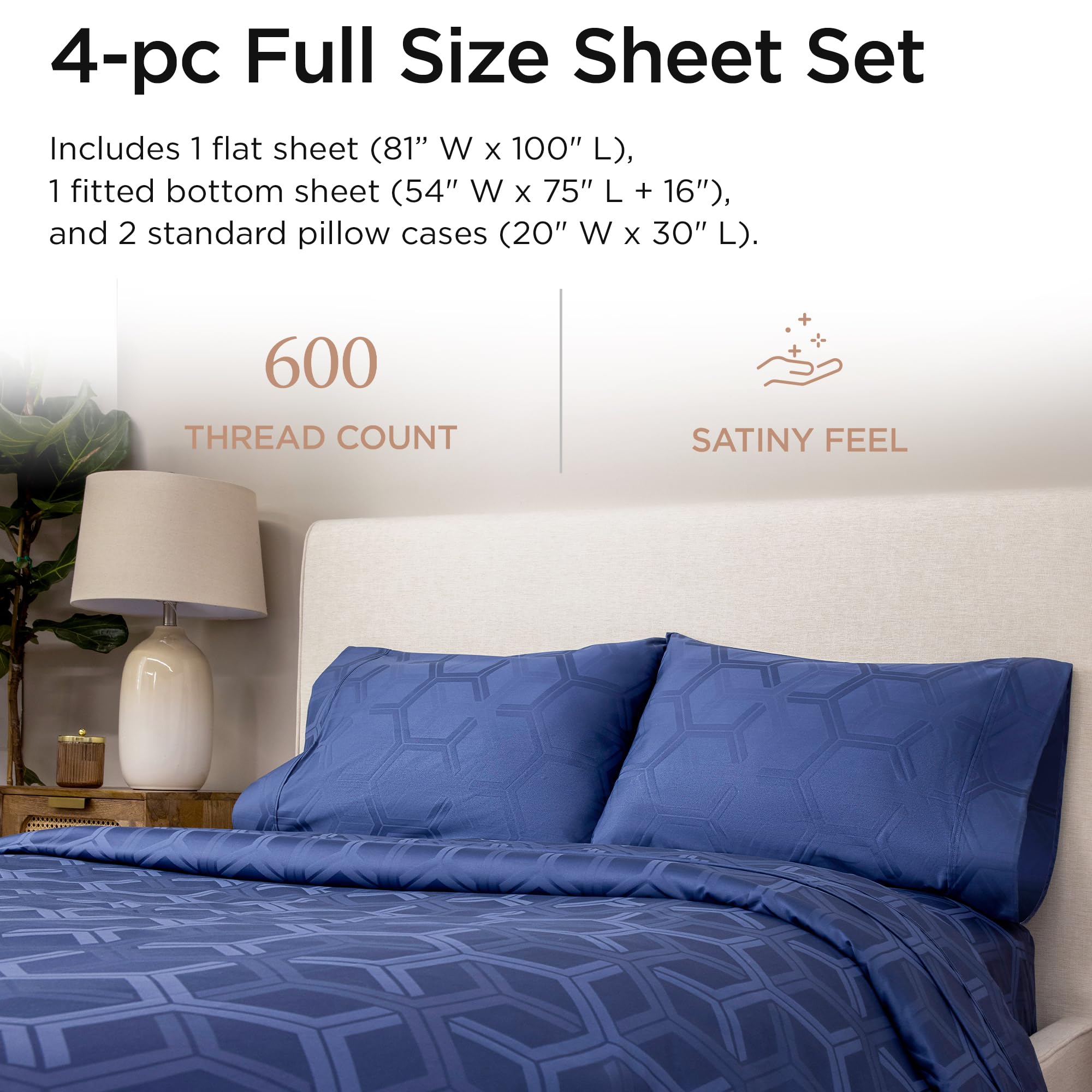 Threadmill Sábanas 100% algodón para Cama de tamaño matrimonial, Juego de sábanas de 600 Hilos con Bolsillo Profundo de 16 Pulgadas, Juego de Ropa de Cama de 4 Piezas con Tejido de satén Jacquard con