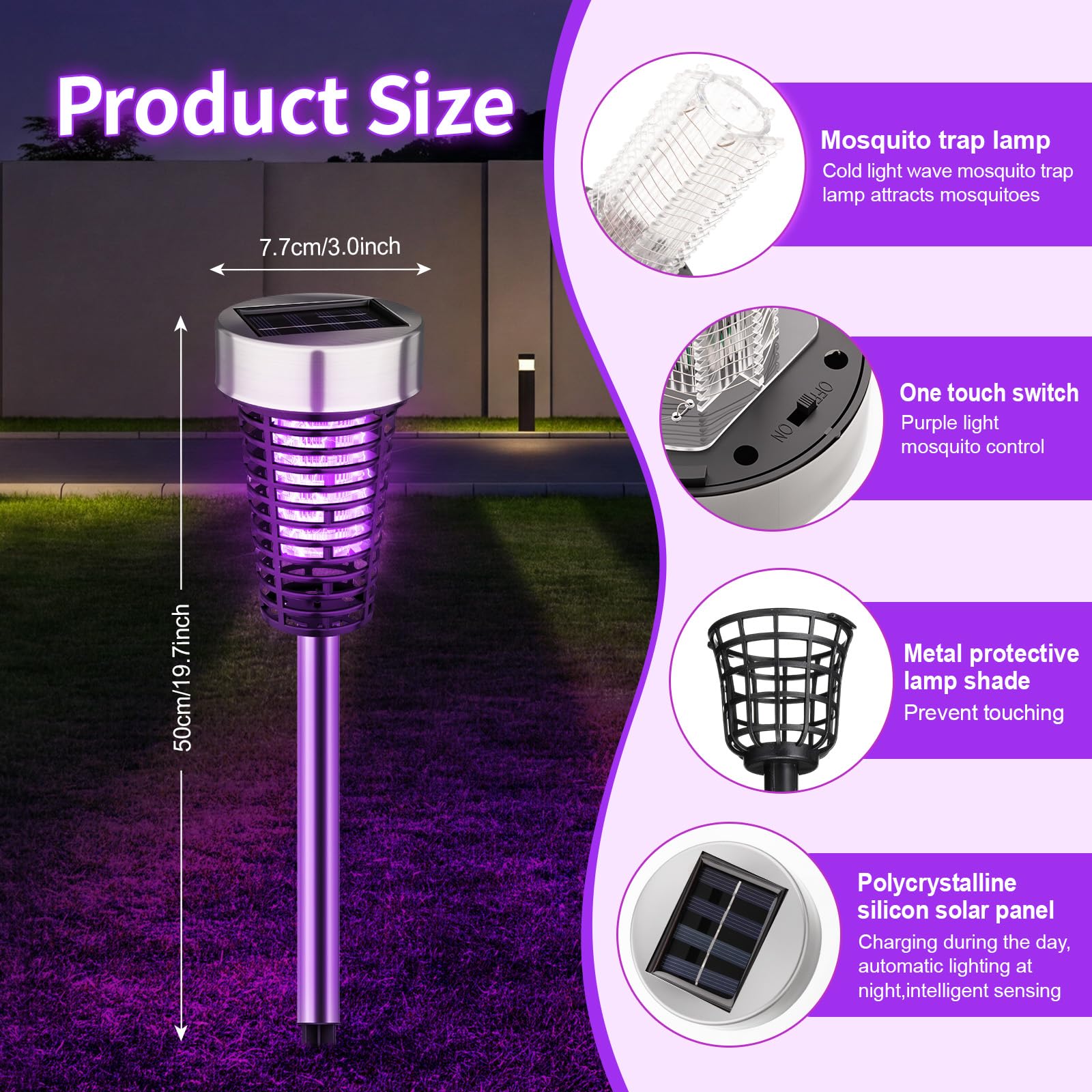 4 Stück Solar Insektenvernichter Outdoor Mückenvernichter Lampe Wasserdicht Gitter Mückenschutz Killer Zapper mit Hochspannung Elektrisch für Garten Terrasse Hof (Lila Licht, Silber)