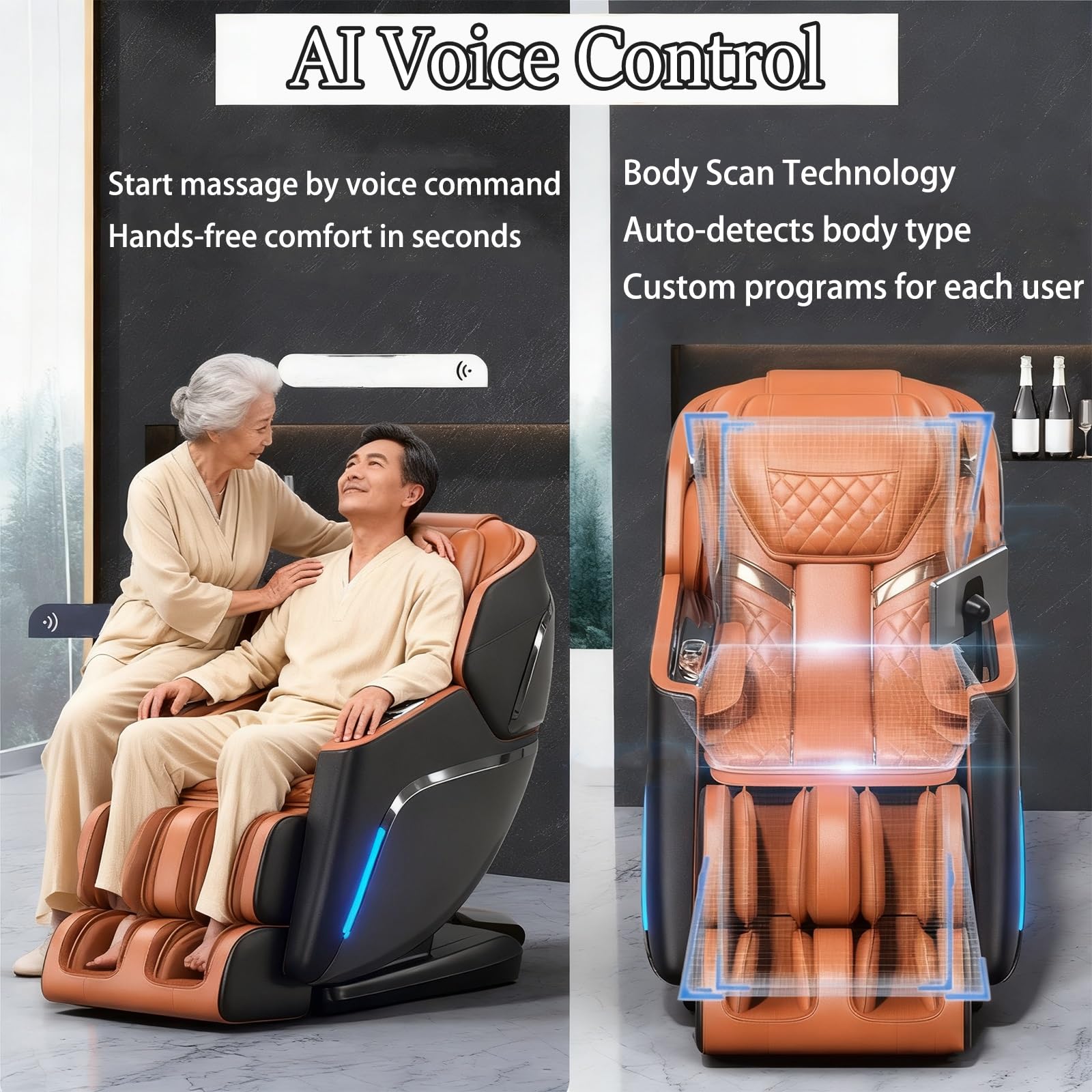 Sillón de Masaje Reclinable 4D Gravedad Cero con Escaneo Corporal, Terapia de Calor y Diseño Ahorrador de Espacio(Brown)