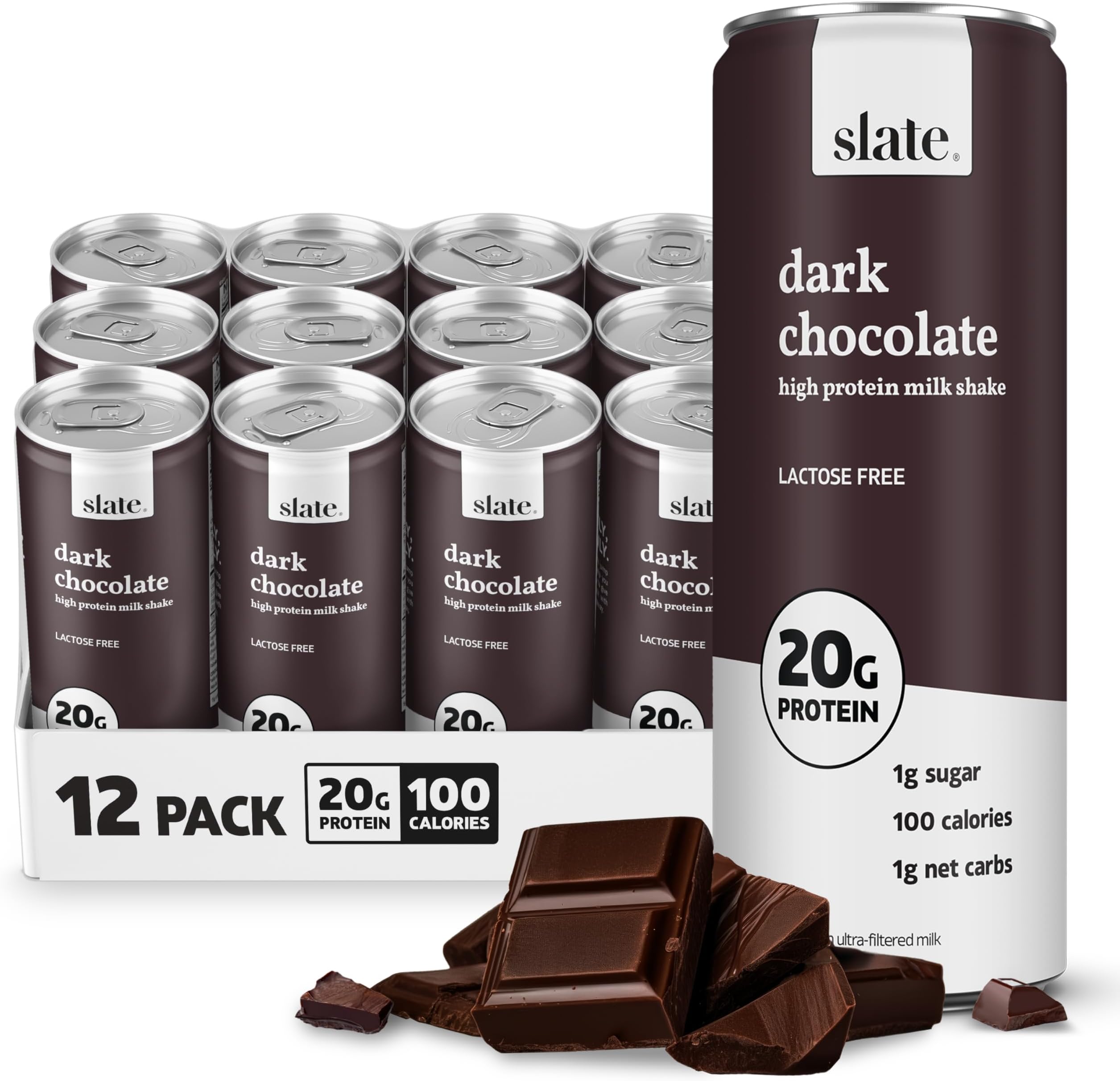 Slate Milk - High Protein Milk Shake - Dark Chocolate - Lactose Free, 20g Protein, 1g Sugar, 100 Calories, 1g Net Carbs, No Added Sugar - Natural, Breakfast Boost, Post Workout - 11 fl oz, 12 Cans
