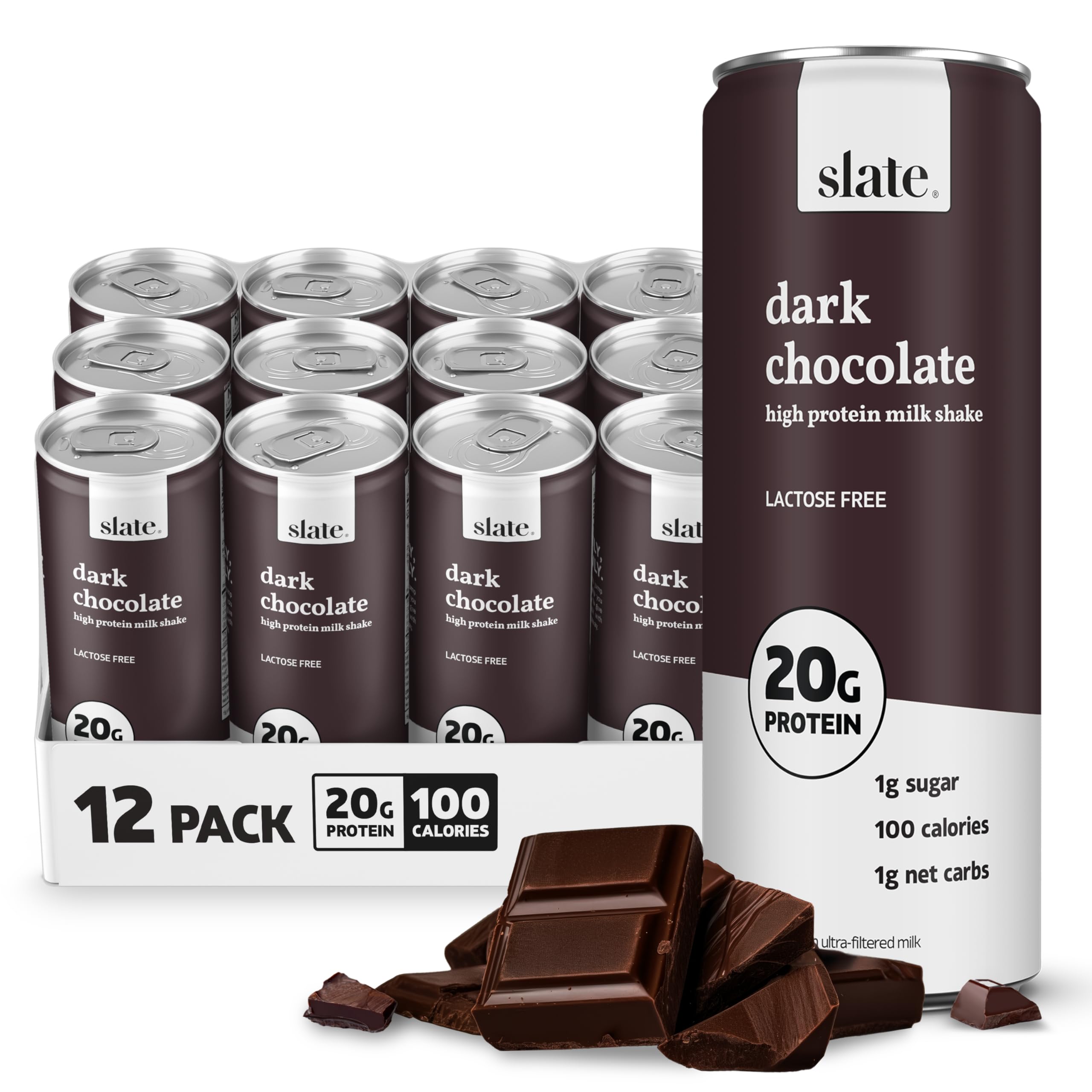 Slate Milk - High Protein Milk Shake - Dark Chocolate - Lactose Free, 20g Protein, 1g Sugar, 100 Calories, 1g Net Carbs, No Added Sugar - Natural, Breakfast Boost, Post Workout - 11 fl oz, 12 Cans