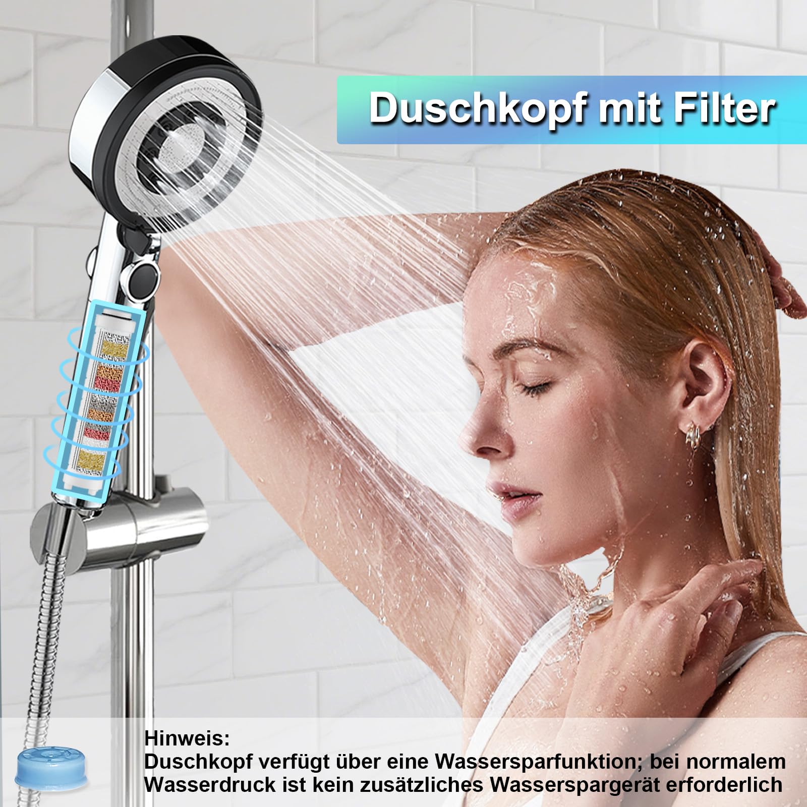Hochdruck Duschkopf mit Filter, Shower Head with Filter mit 5 modi, Brausekopf Dusche, Filter Duschkopf, Wassersparend Duschbrause für Schwermetall,Harte Wasser,Rest-Chlor,Bakterien, Chrom