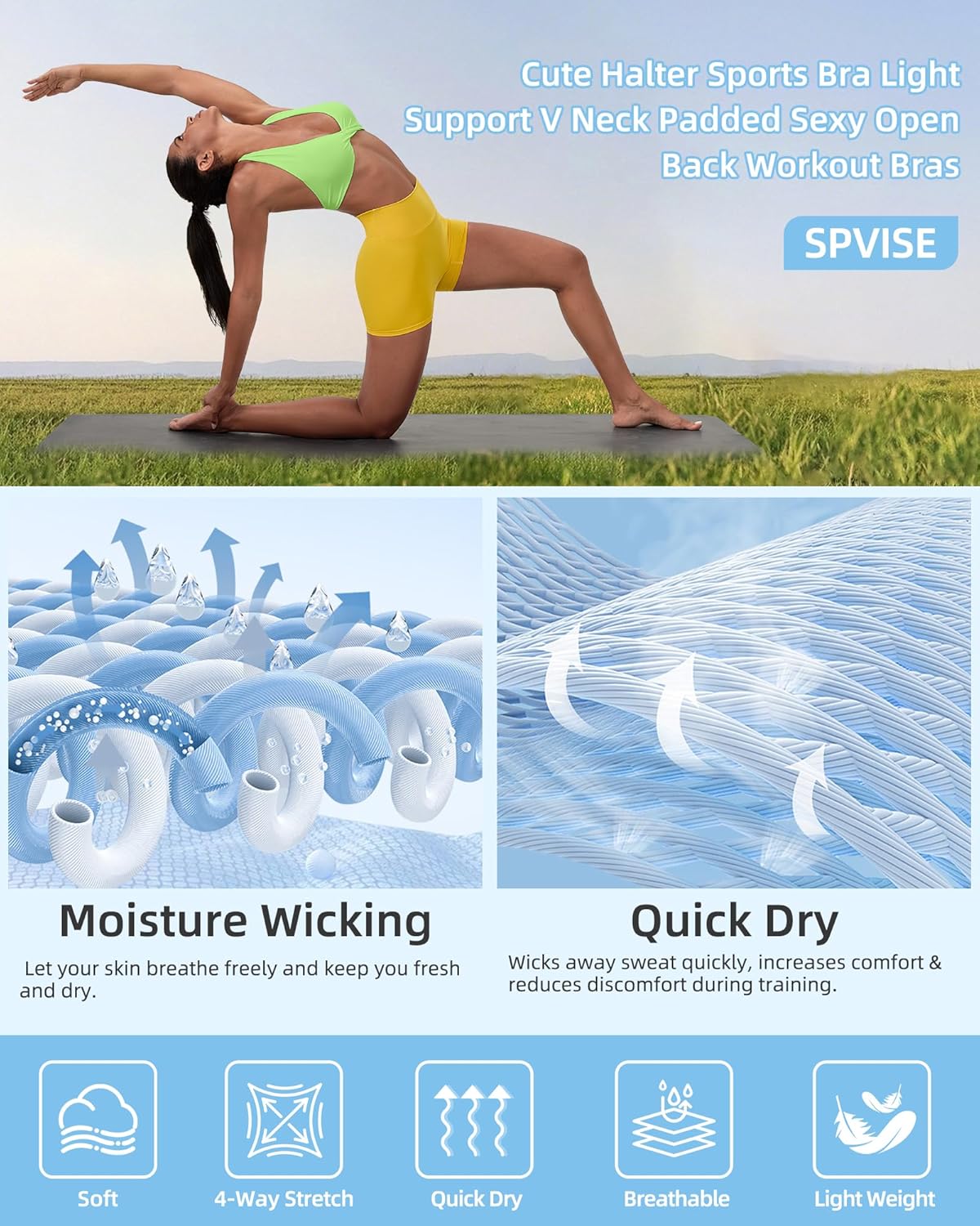 SPVISE Halter Sports Bras for Women Padded Yoga Bra Low Impact Gym Workout Bra Tank Open Back Twist Front V-Neck Everyday Bra - Image 7