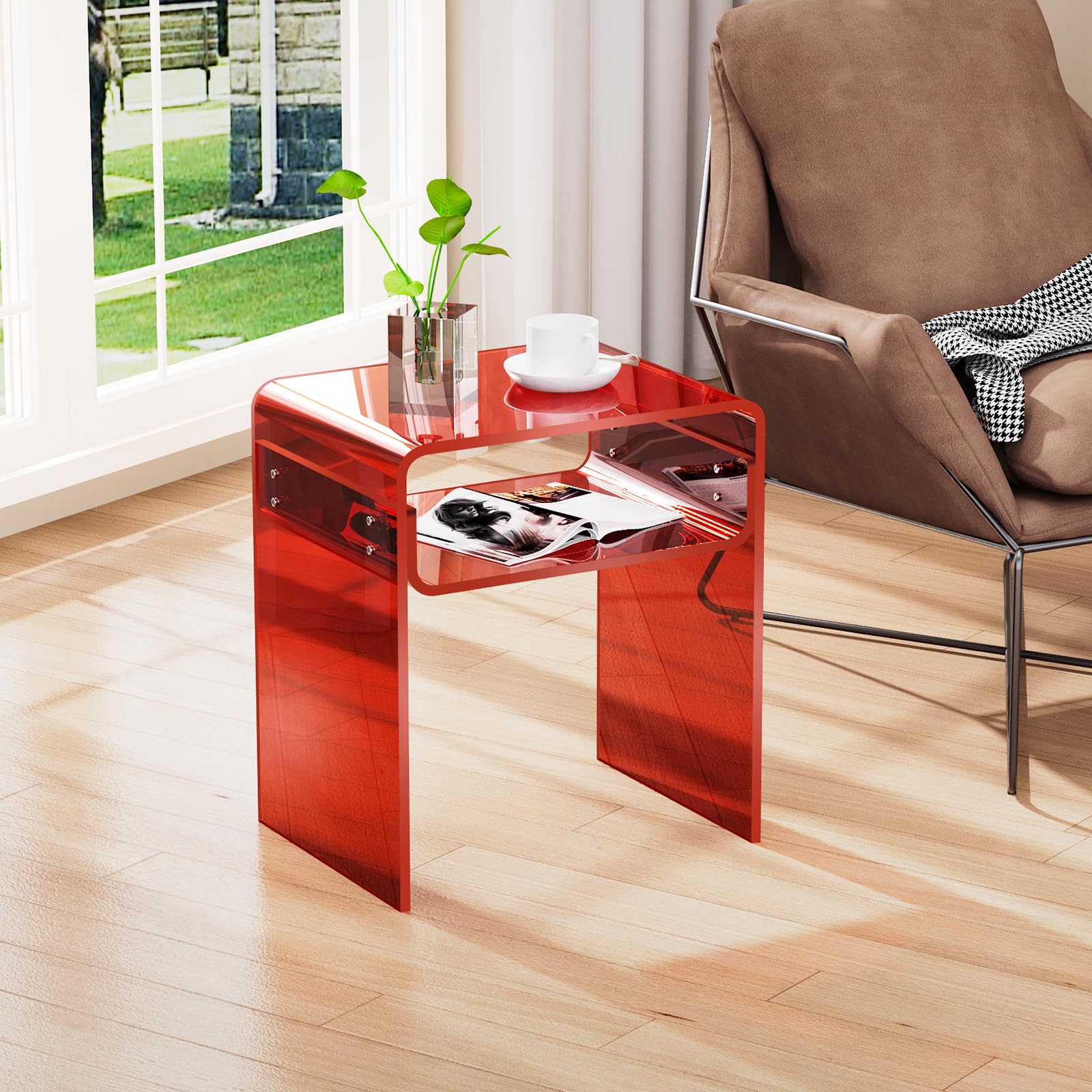 Tavolino da Salotto in Acrilico, Comodino Tavolini Bassi per Soggiorno, 40 x 30 x 50 cm (Rosso)